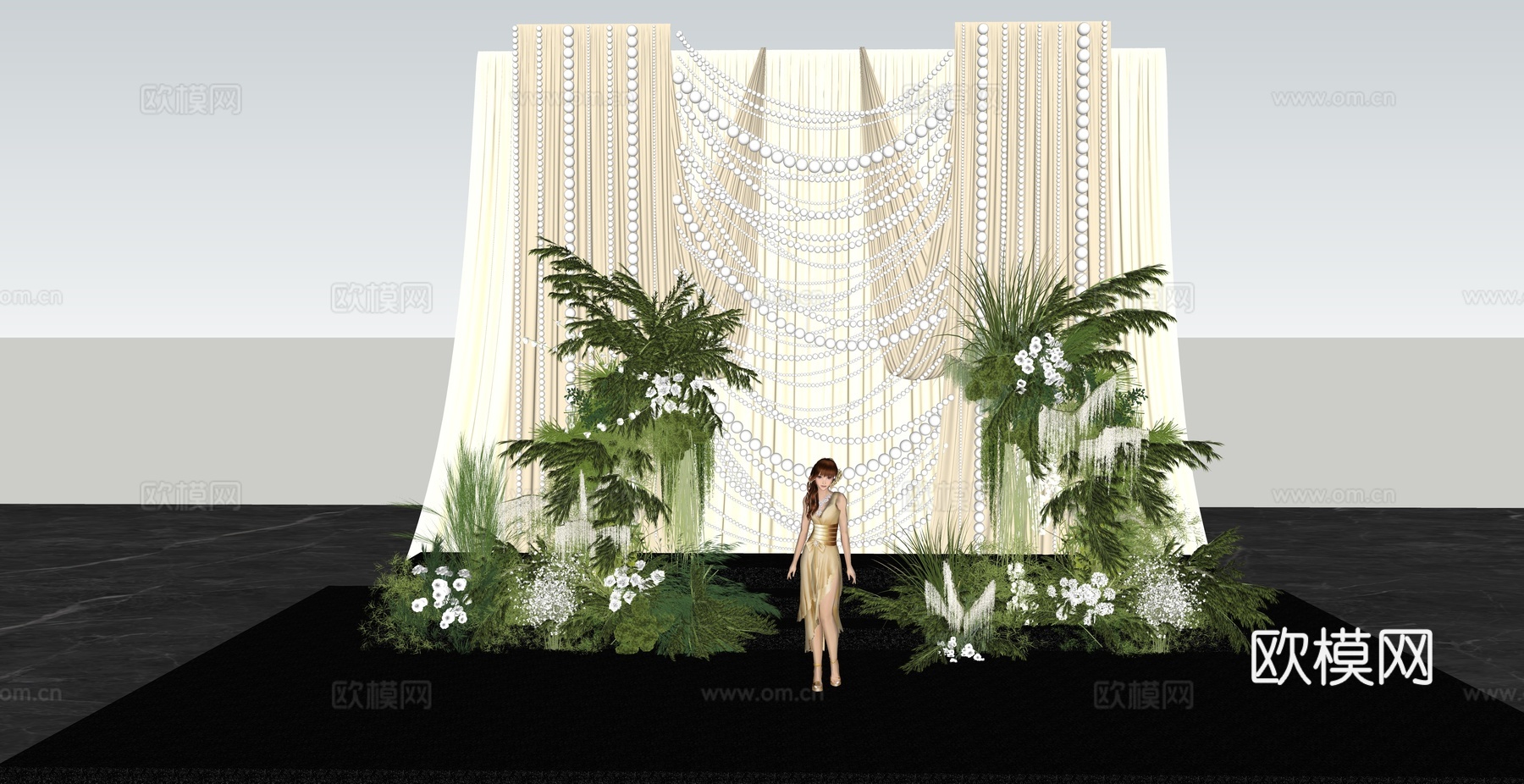 小众浅香槟色  布幔泡沫球婚礼设计su模型