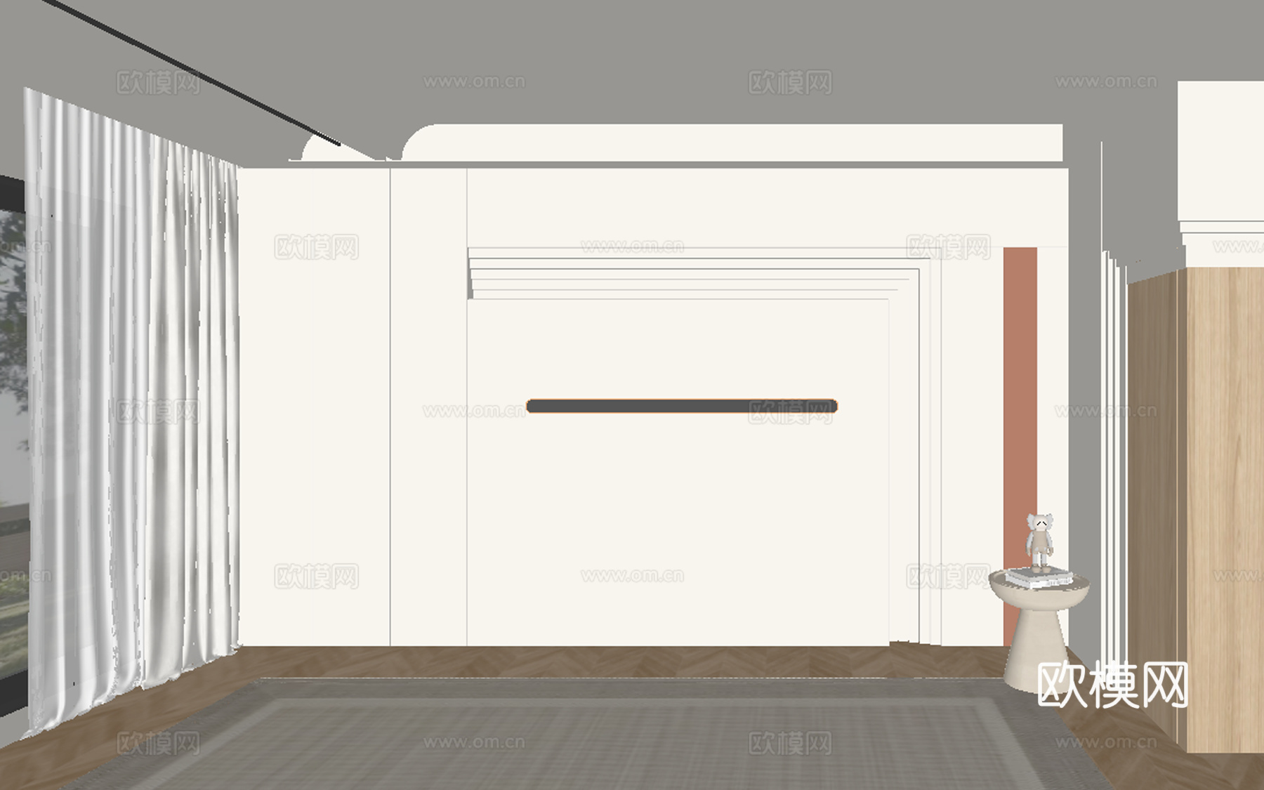 奶油风客厅背景墙su模型下载（渲染图2）