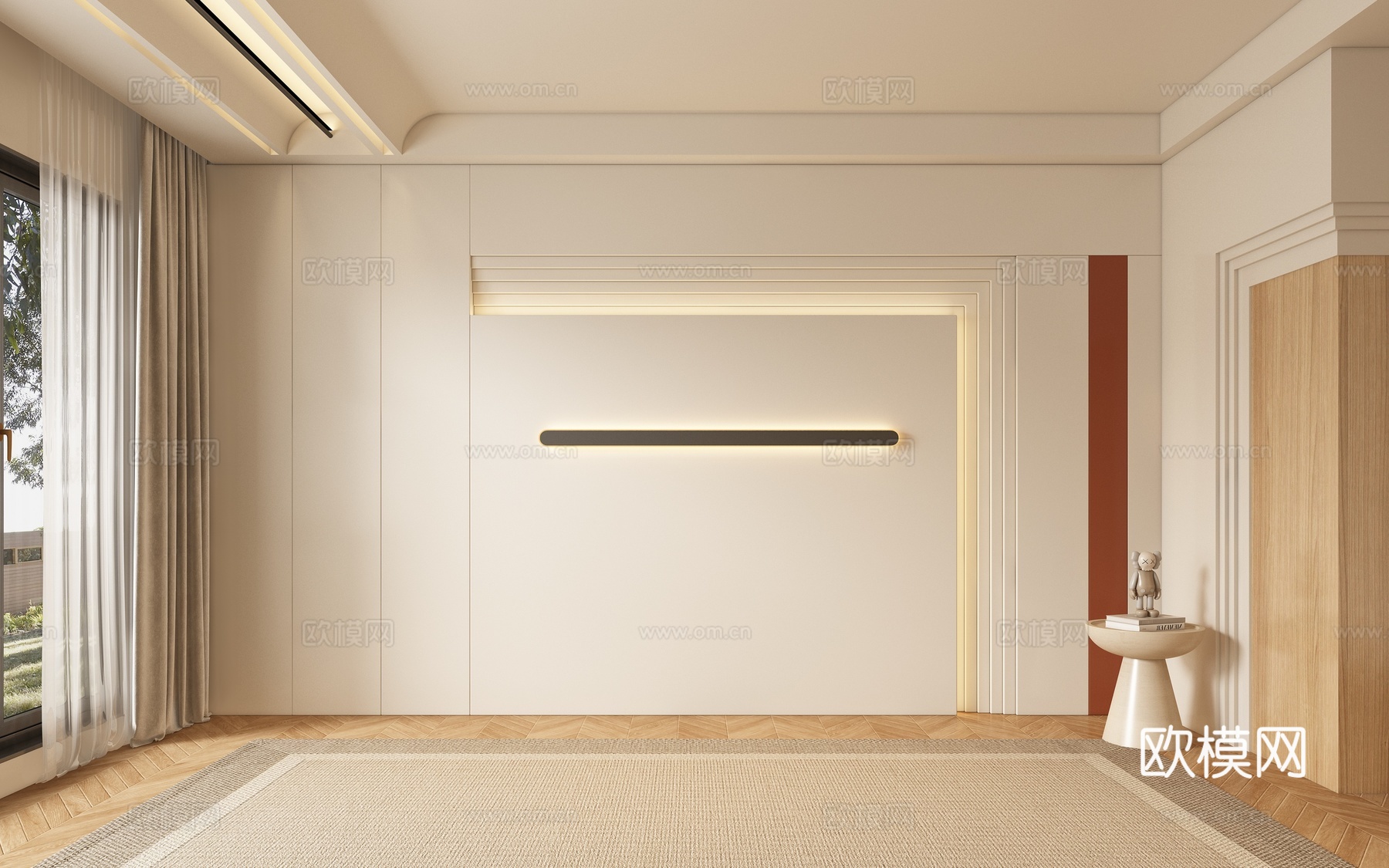 奶油风客厅背景墙su模型下载（渲染图1）