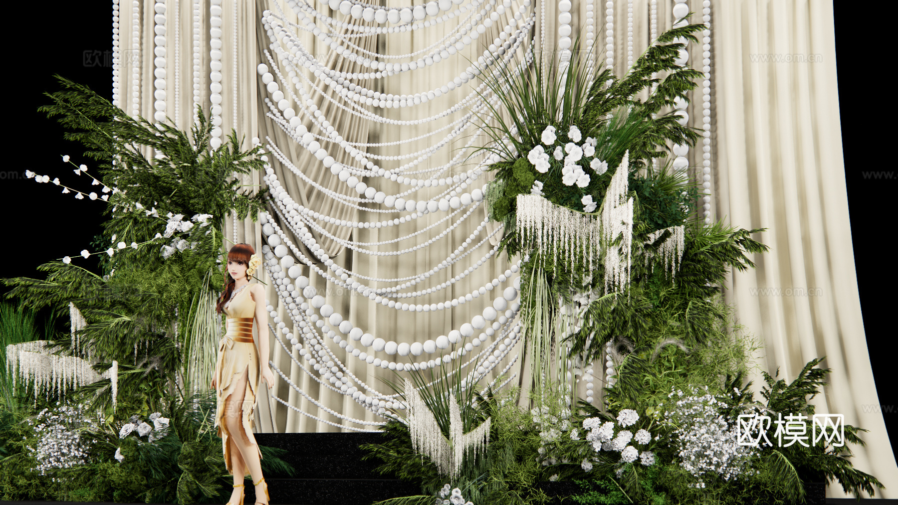 小众浅香槟色  布幔泡沫球婚礼设计su模型
