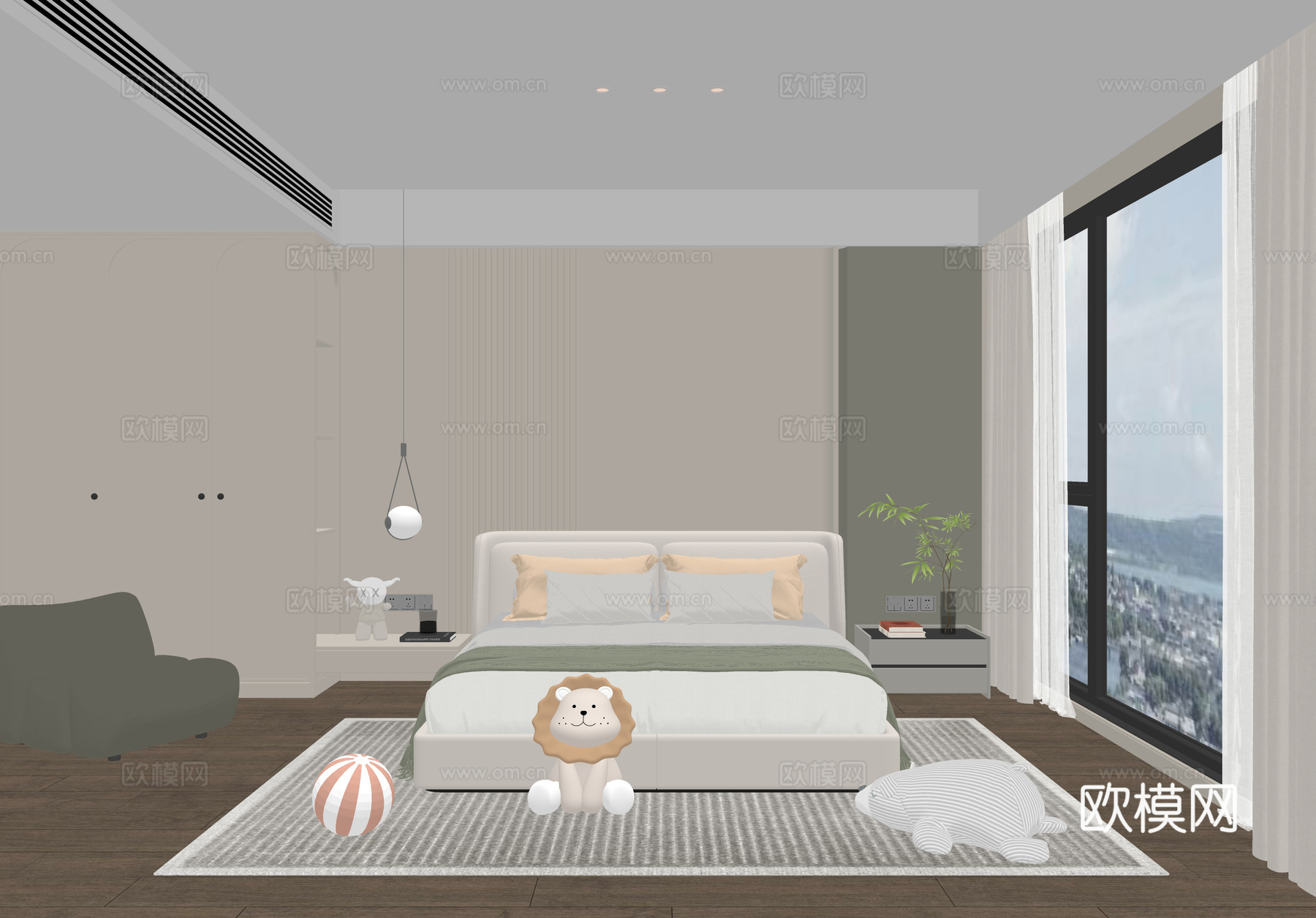 现代通用儿童房 懒人沙发 绿植摆件 玩具娃娃 小吊灯su模型