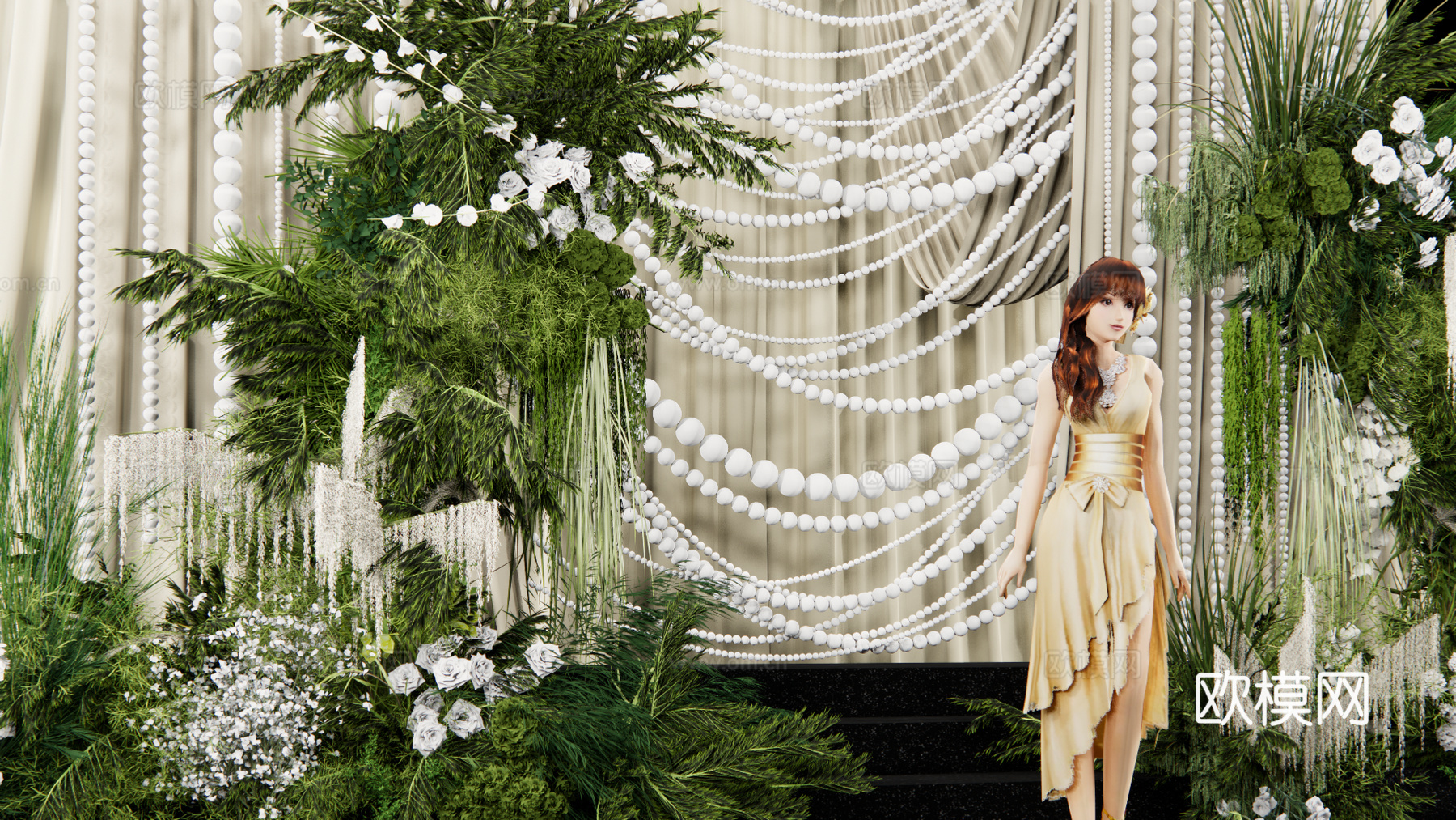 小众浅香槟色  布幔泡沫球婚礼设计su模型