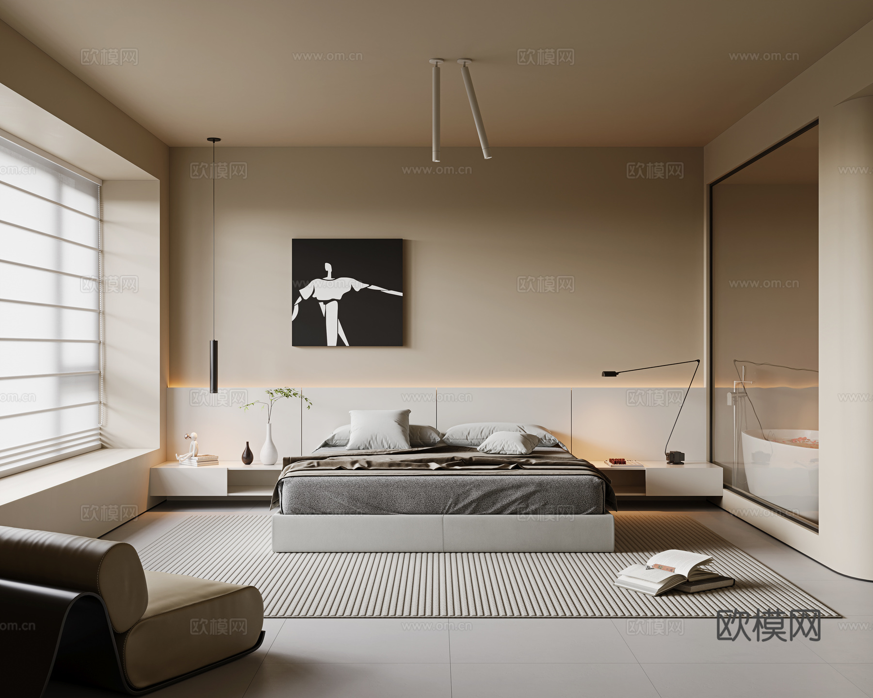 现代卧室 布艺双人床 单人休闲椅 边几 吊灯 定制衣柜 床头su模型