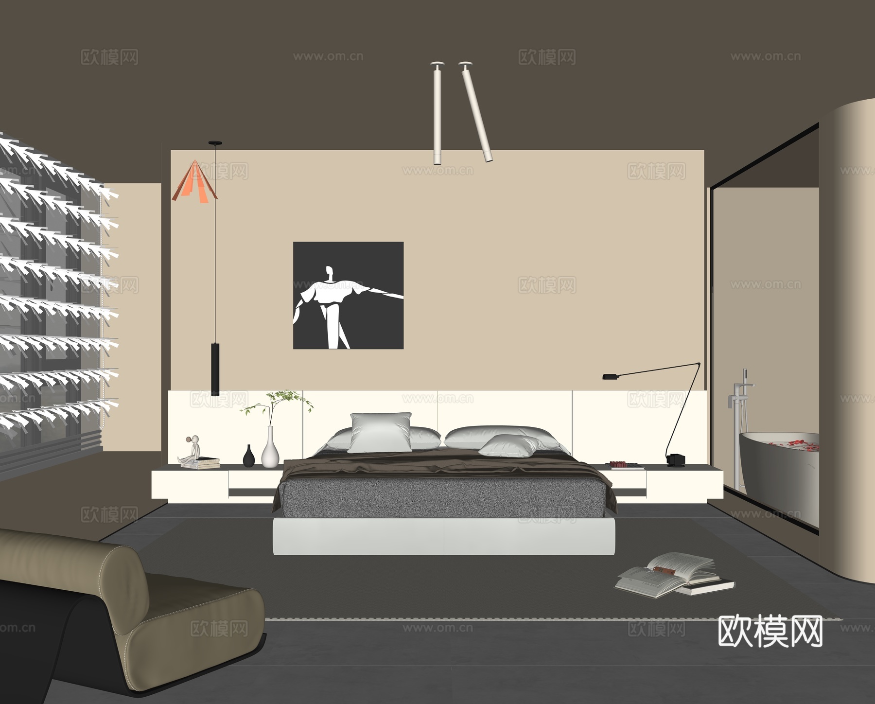 现代卧室 布艺双人床 单人休闲椅 边几 吊灯 定制衣柜 床头su模型