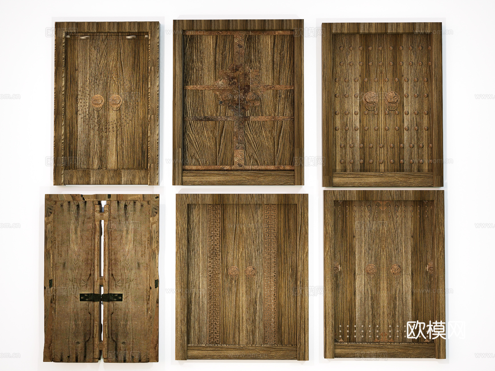 中式木头门 老木门门板  破旧木门 木质门 双开门su模型