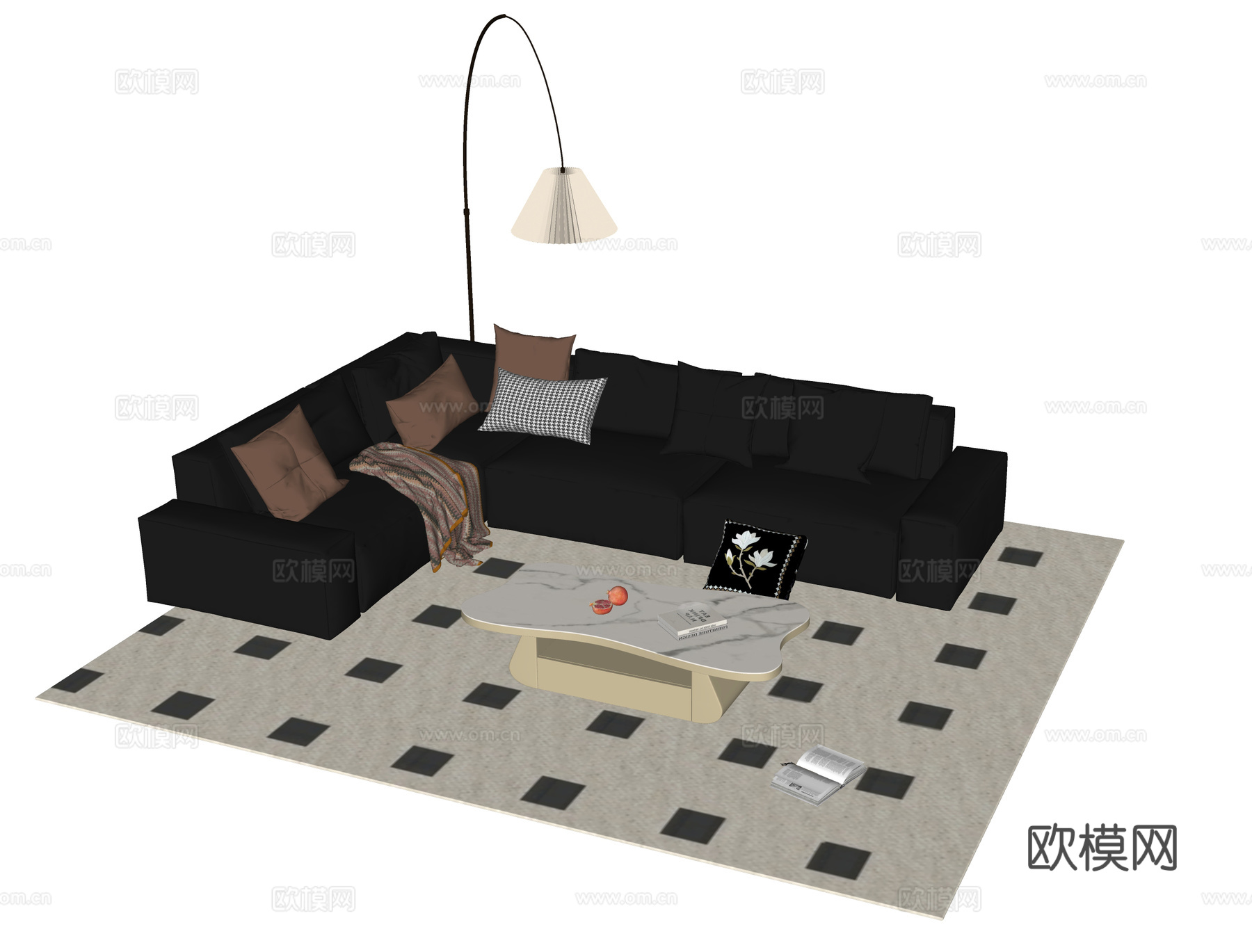 法式沙发茶几组合 落地灯 多人沙发su模型