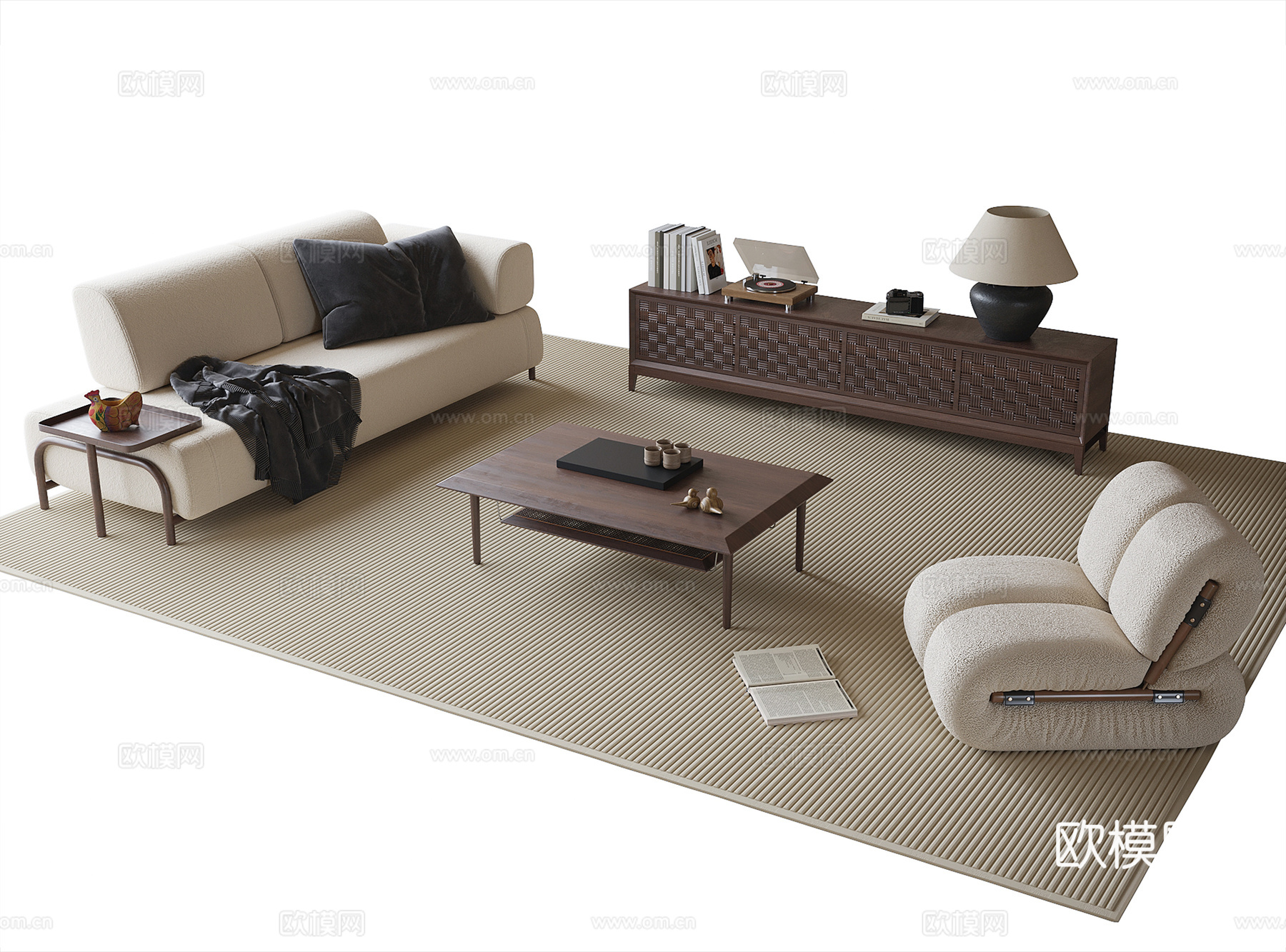 现代沙发茶几组合 多人沙发 茶几 电视柜su模型下载（渲染图1）