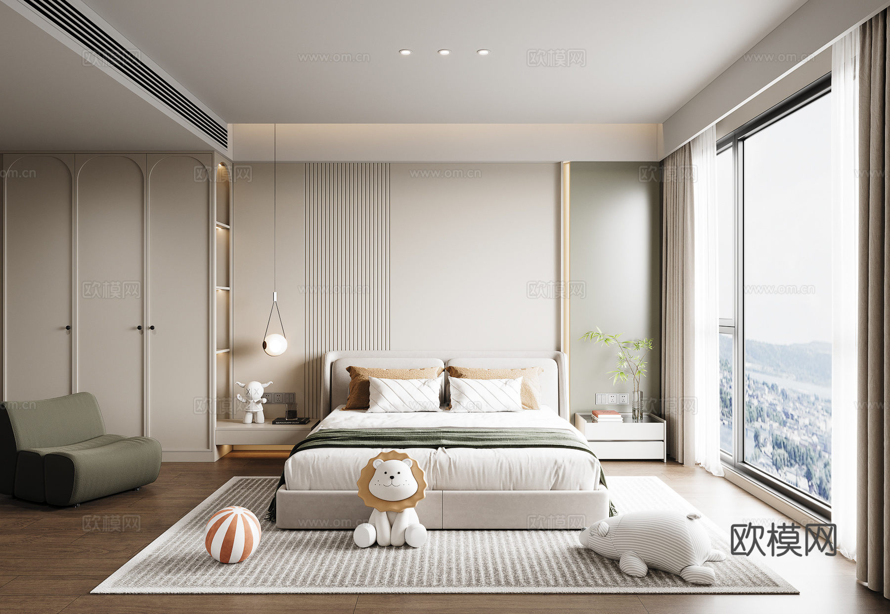 现代通用儿童房 懒人沙发 绿植摆件 玩具娃娃 小吊灯su模型