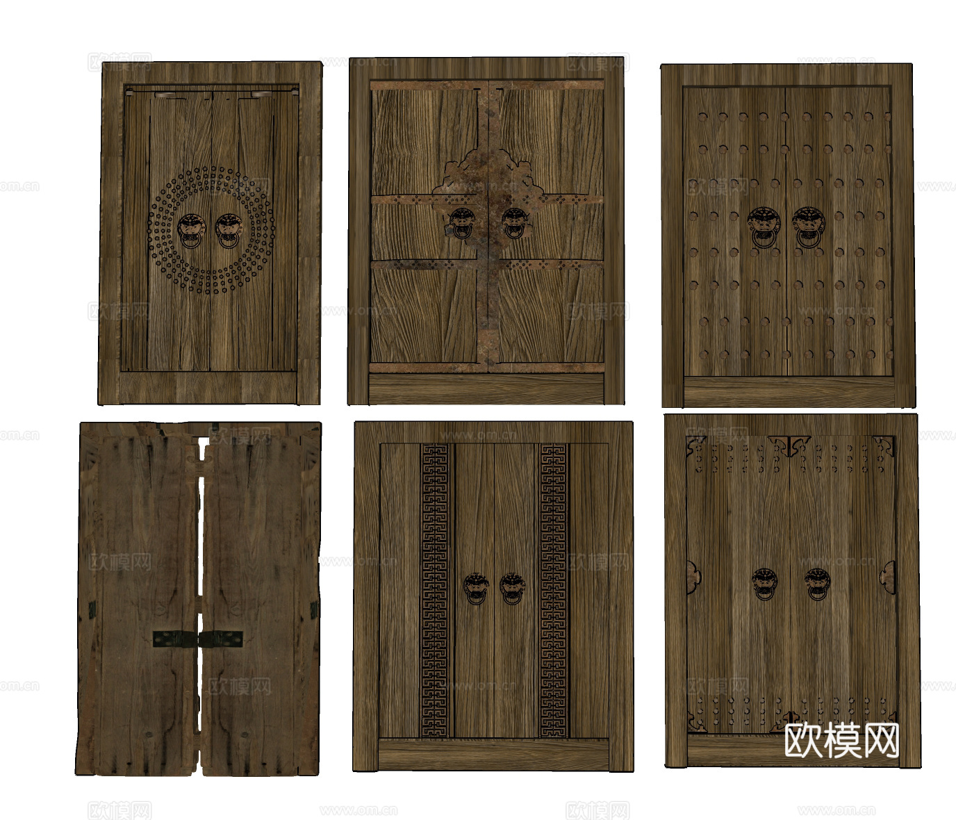 中式木头门 老木门门板  破旧木门 木质门 双开门su模型