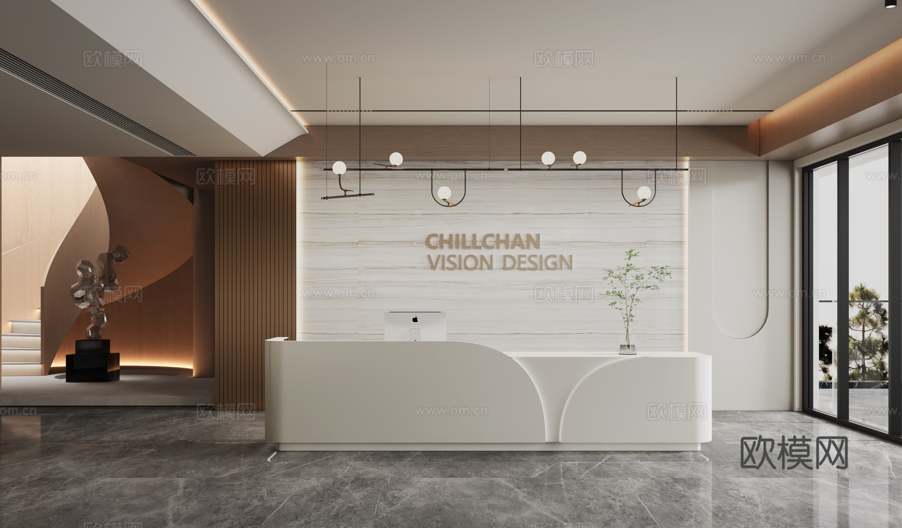 现代公司前台 背景墙 沙发 接待区 沙发 吊灯su模型下载（渲染图1）