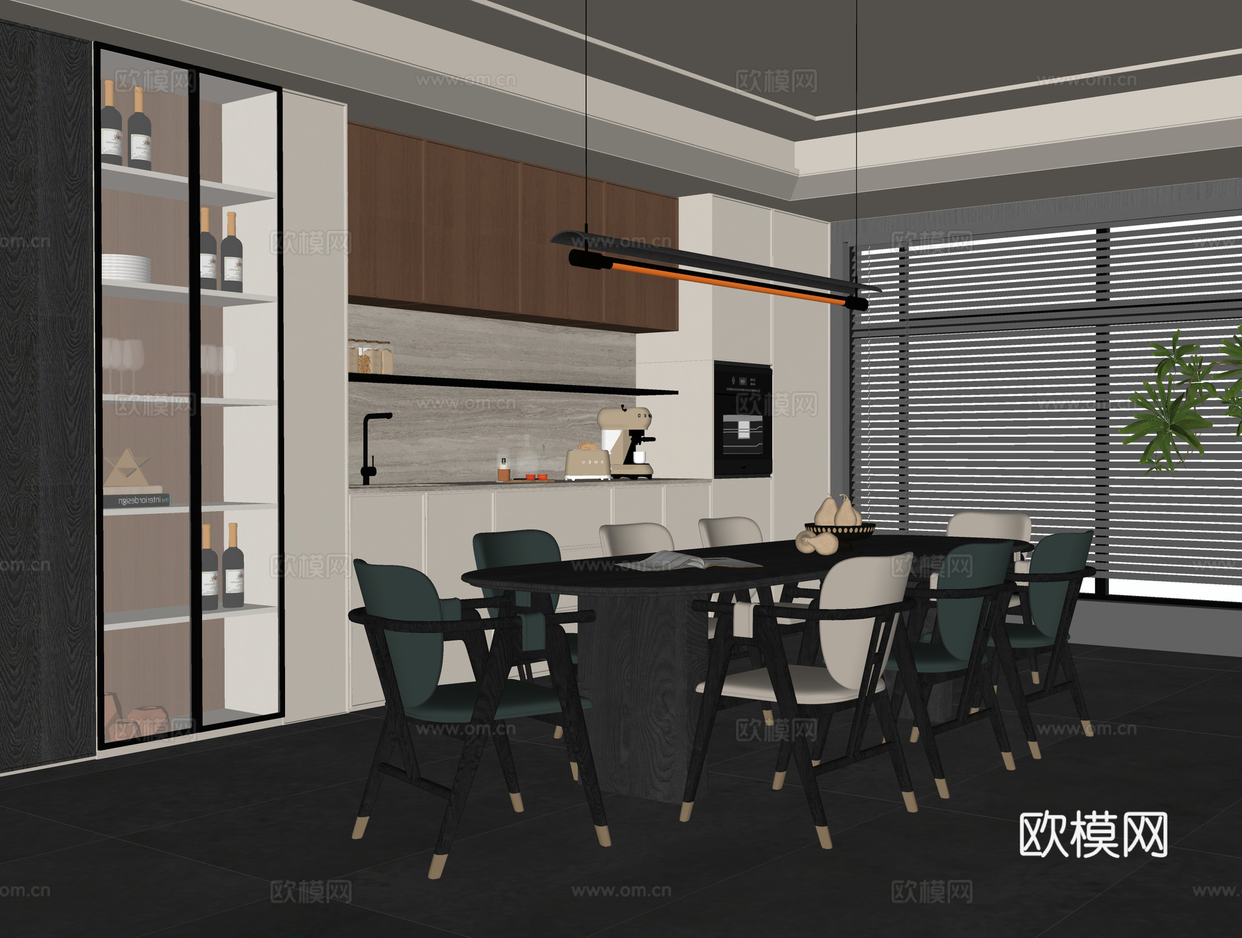 现代餐厅 餐桌椅 酒柜 餐边柜su模型