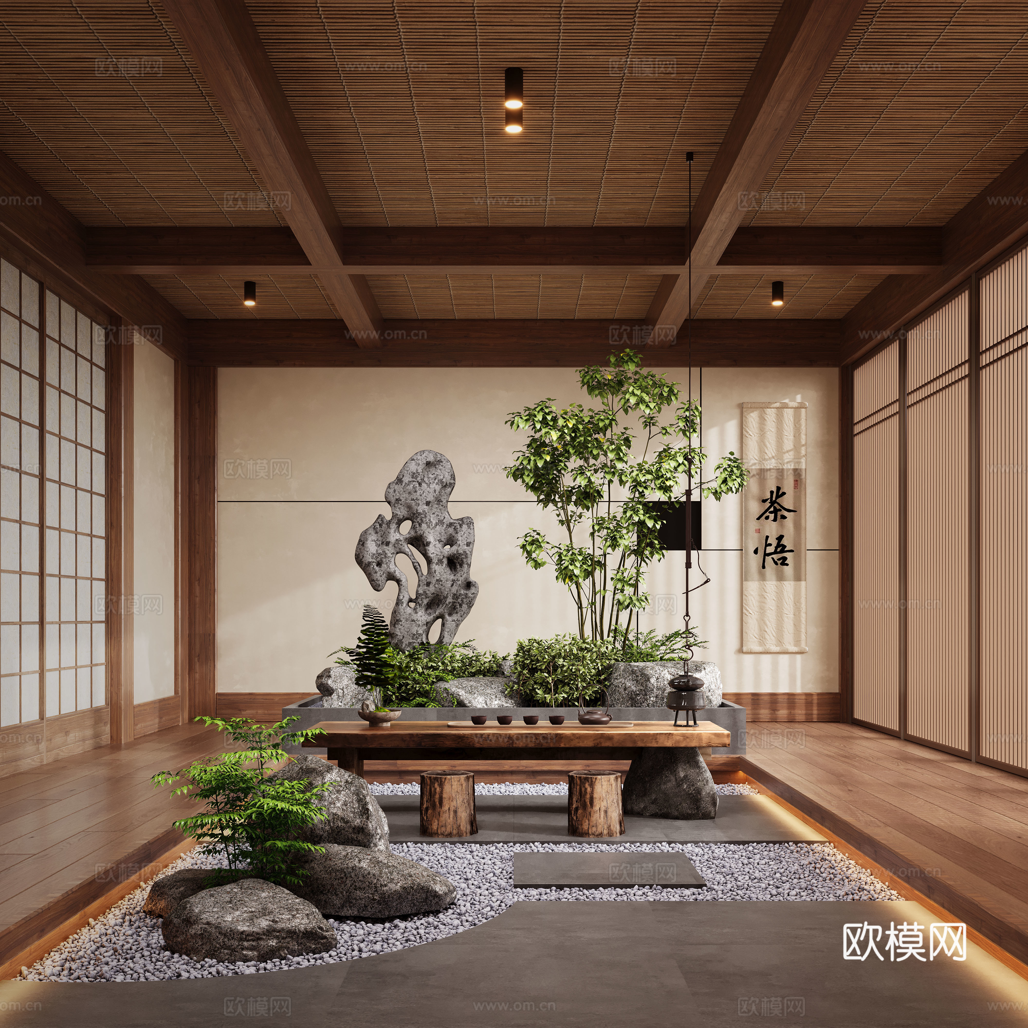 新中式禅意茶室 室内造景 景观植物 茶桌3d模型