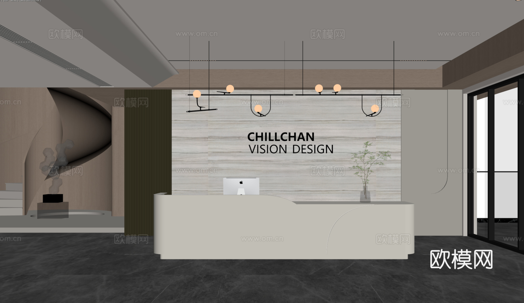 现代公司前台 背景墙 沙发 接待区 沙发 吊灯su模型下载（渲染图2）