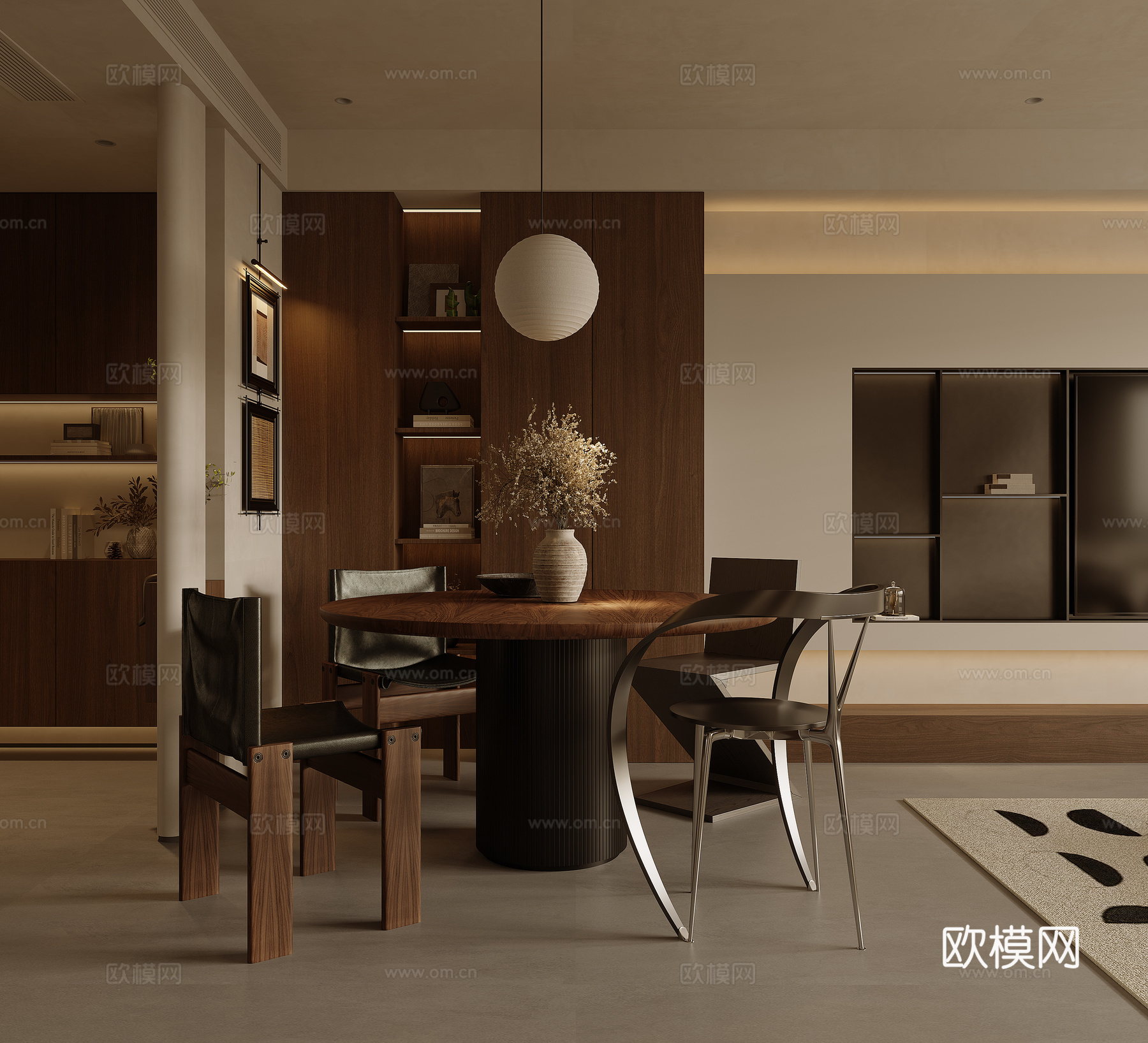 现代奶油风客餐厅3d模型下载（渲染图2）