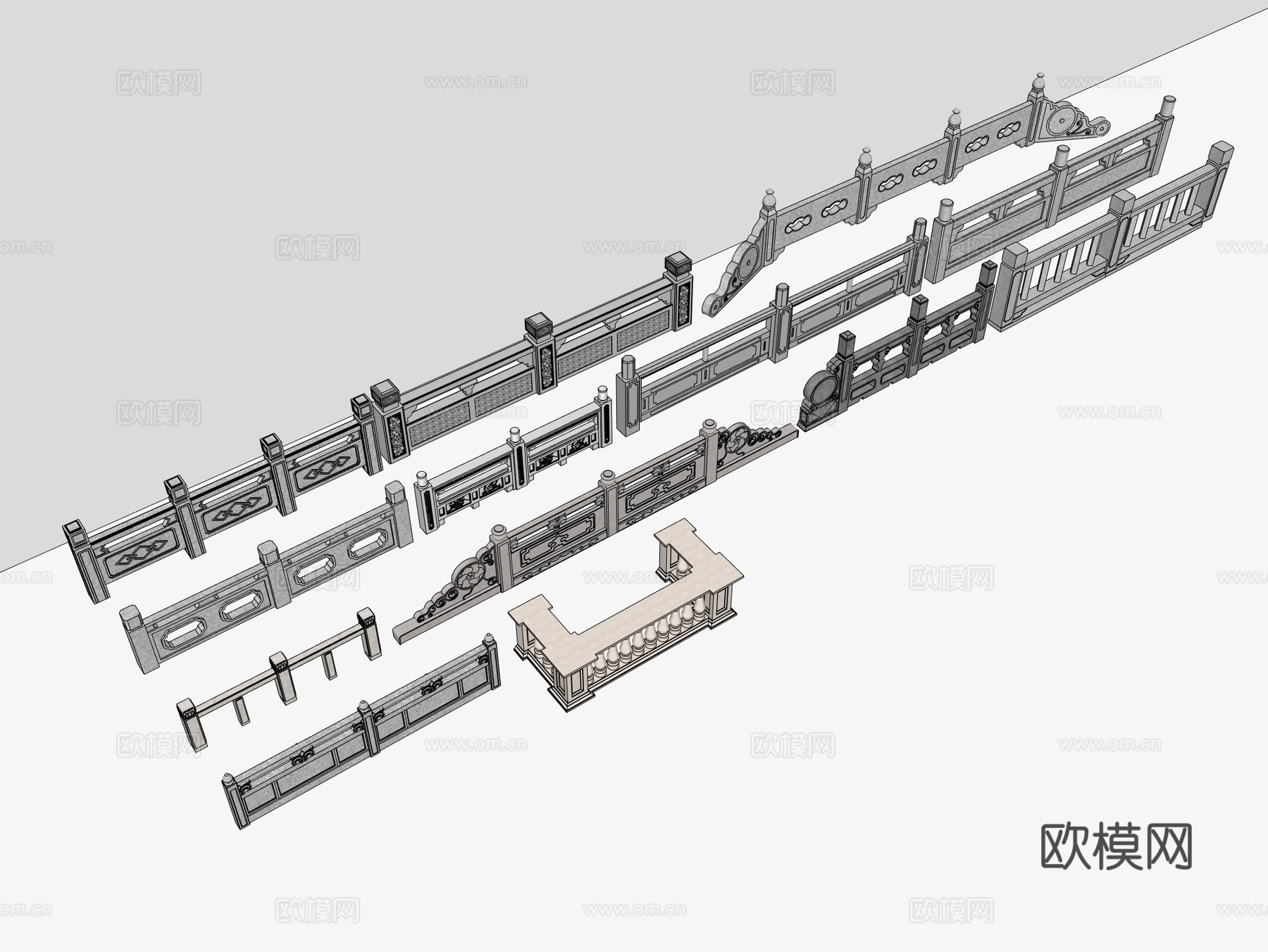 中式桥构件 石桥扶手 桥扶手su模型