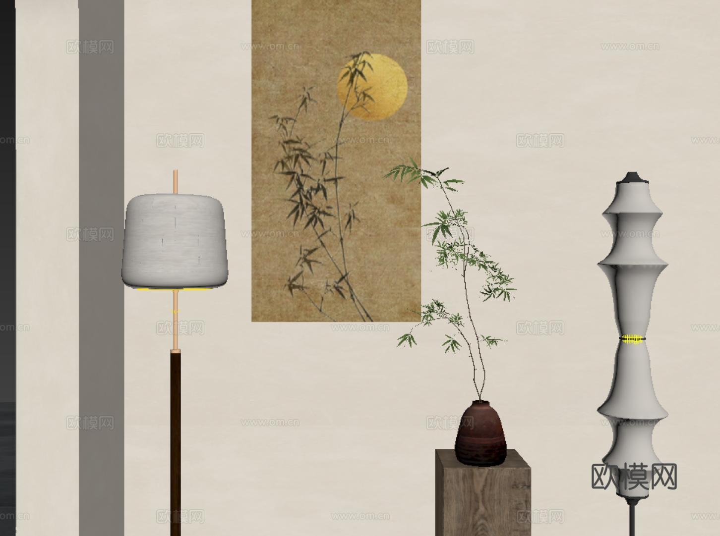 新中式落地灯 装饰画 花瓶su模型
