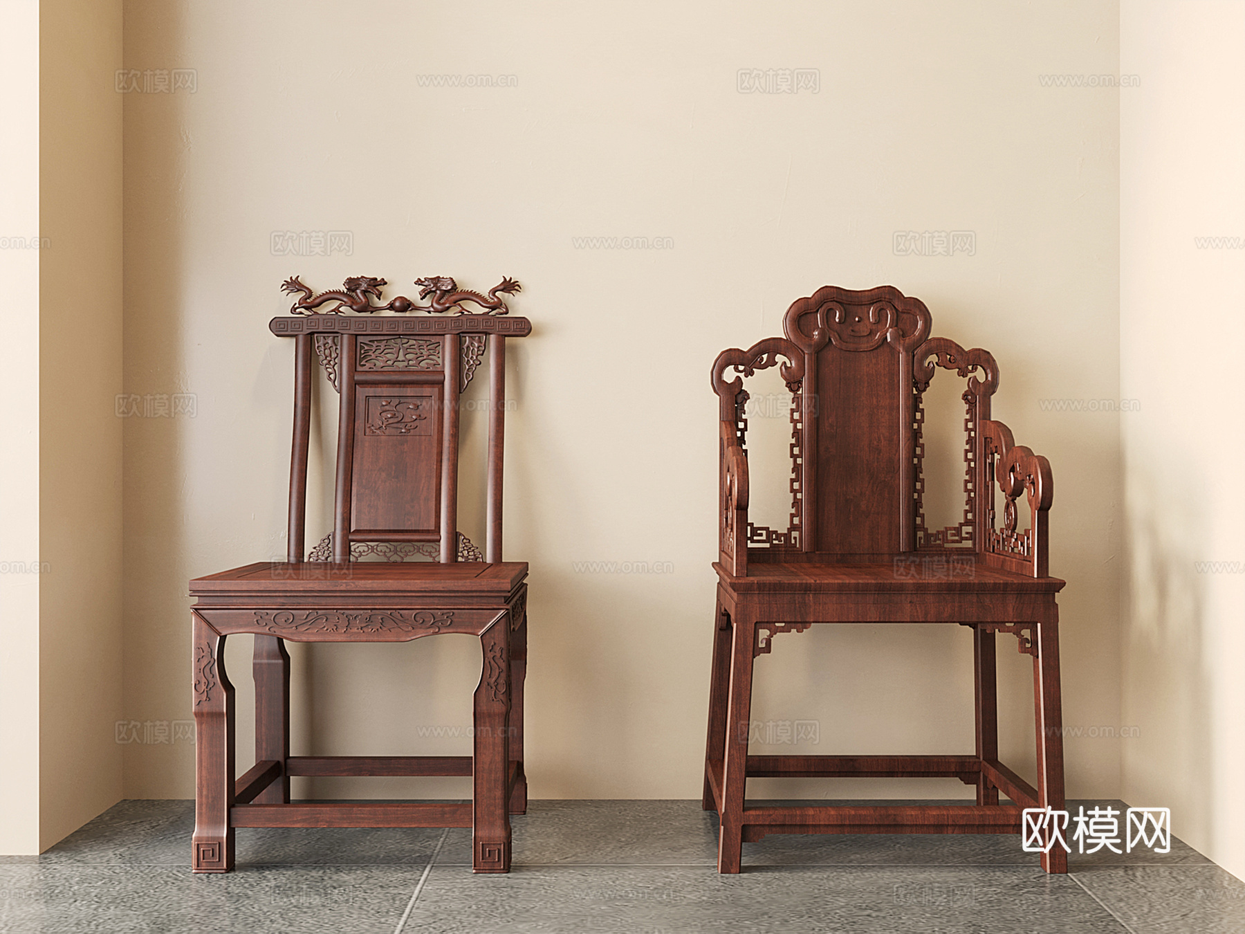 中式实木四方太师椅 雕花椅子 如意单椅 扶手椅3d模型下载