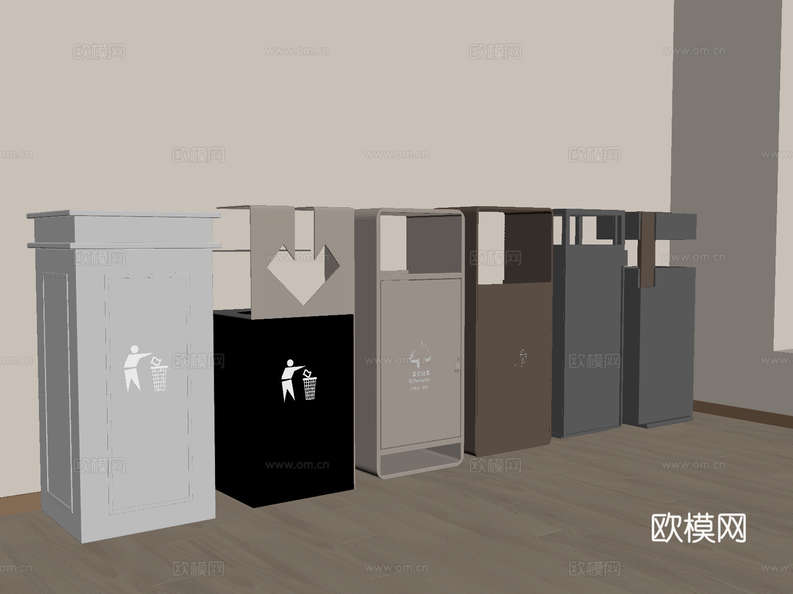现代垃圾桶 分类垃圾桶 垃圾桶组合su模型下载（渲染图2）