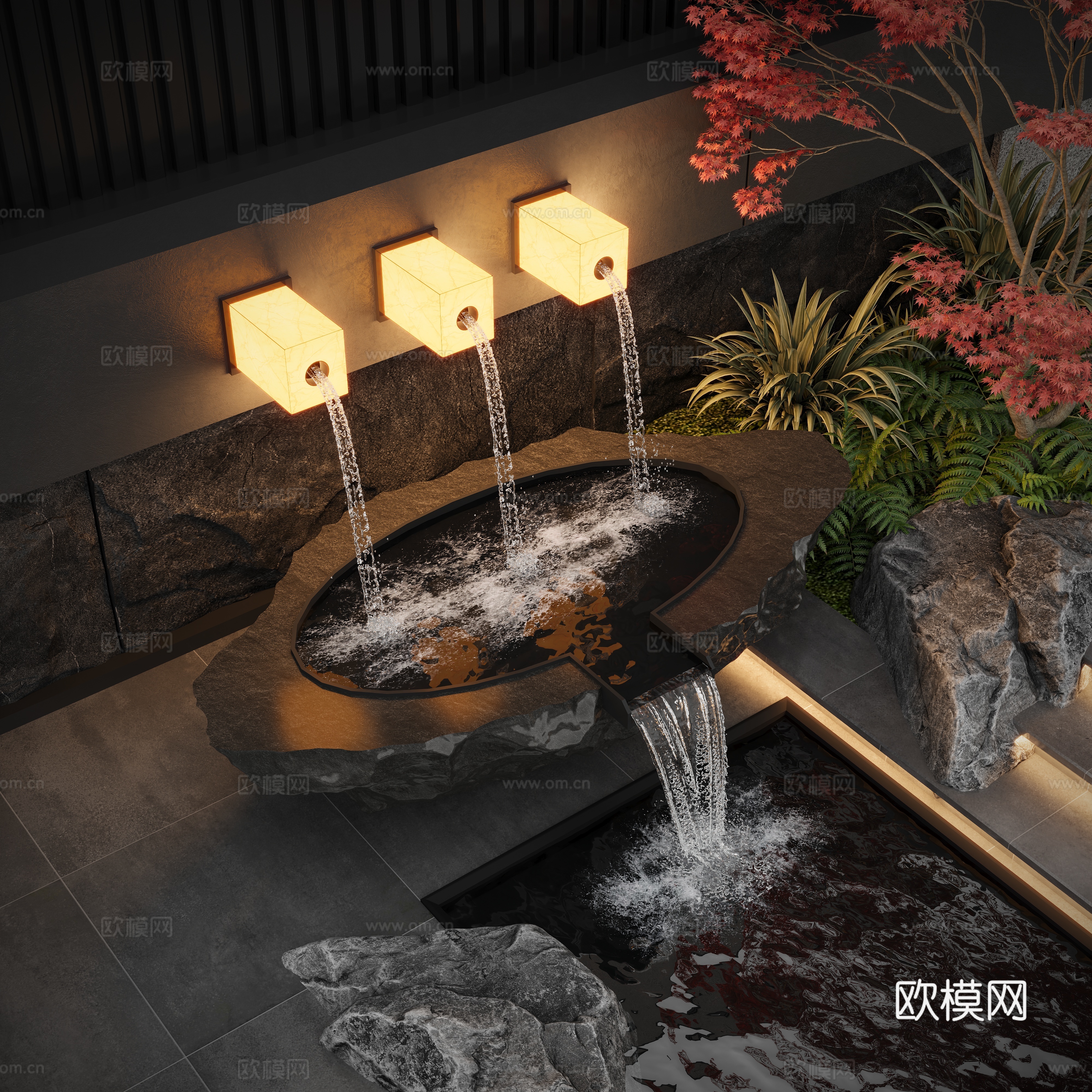 现代庭院水景墙 水钵 流水3d模型下载