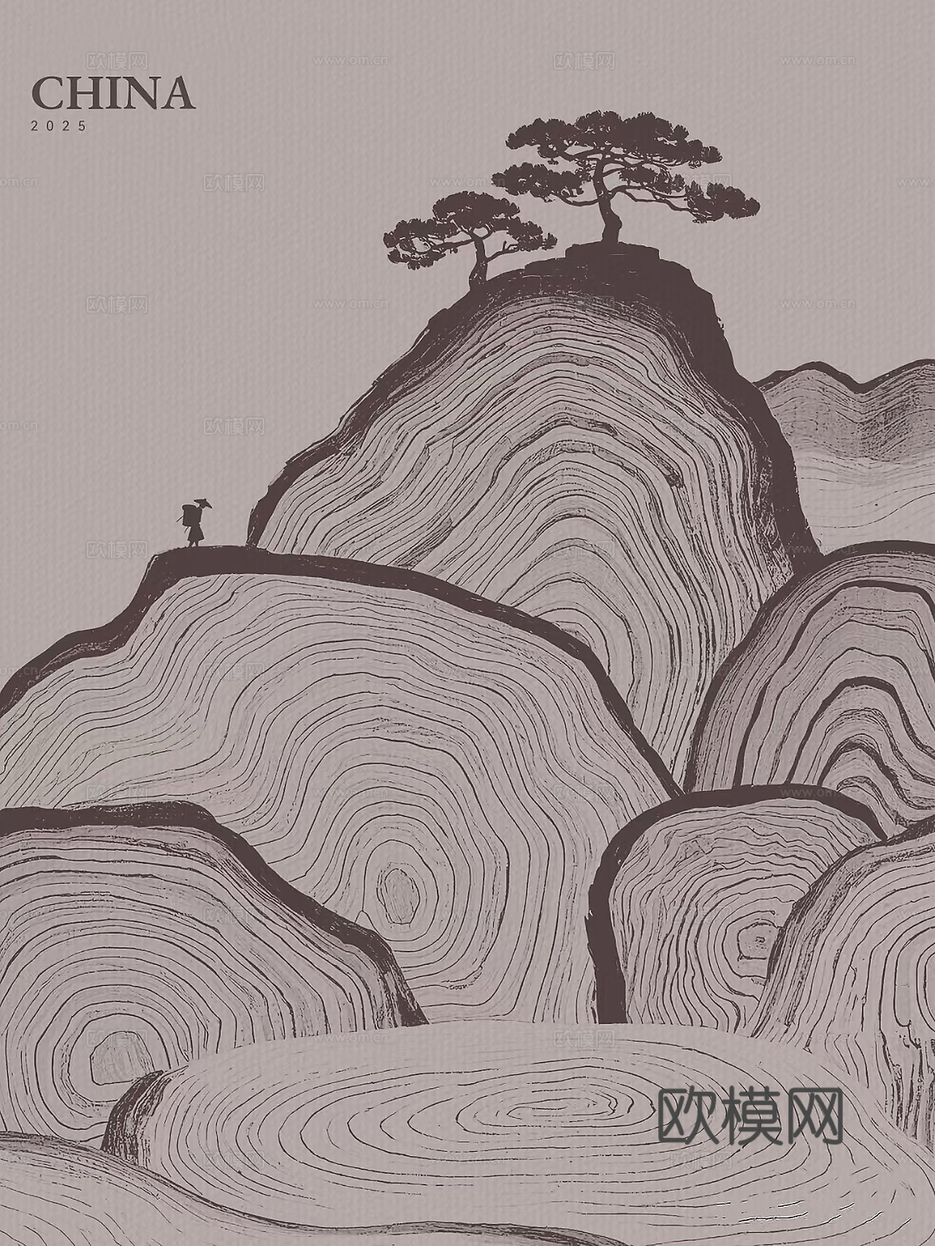 新中式抽象山形松树挂画