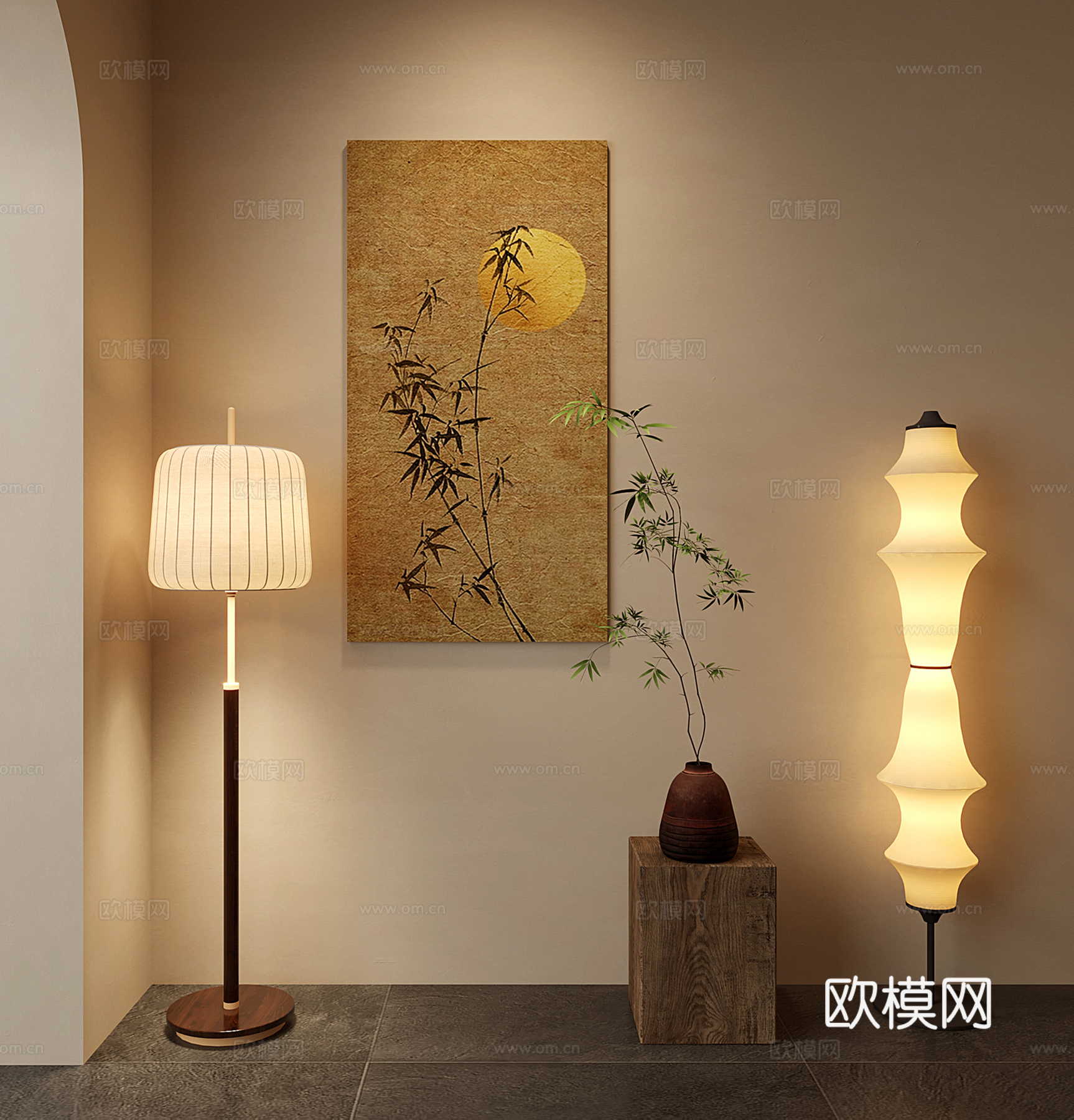 新中式落地灯 装饰画 花瓶su模型
