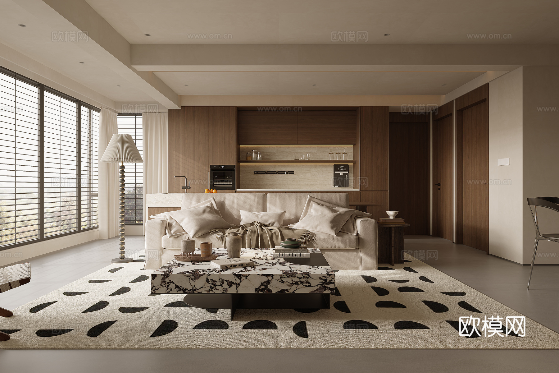 现代奶油风客餐厅3d模型下载（渲染图1）