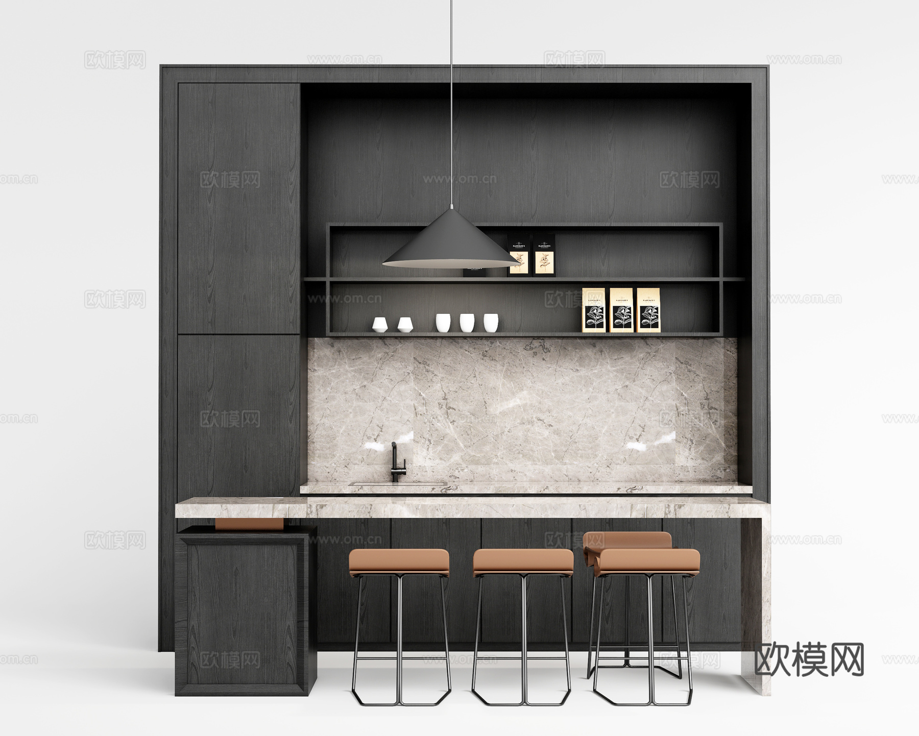 现代茶水间柜子 吧台 吊柜橱柜su模型下载（渲染图1）