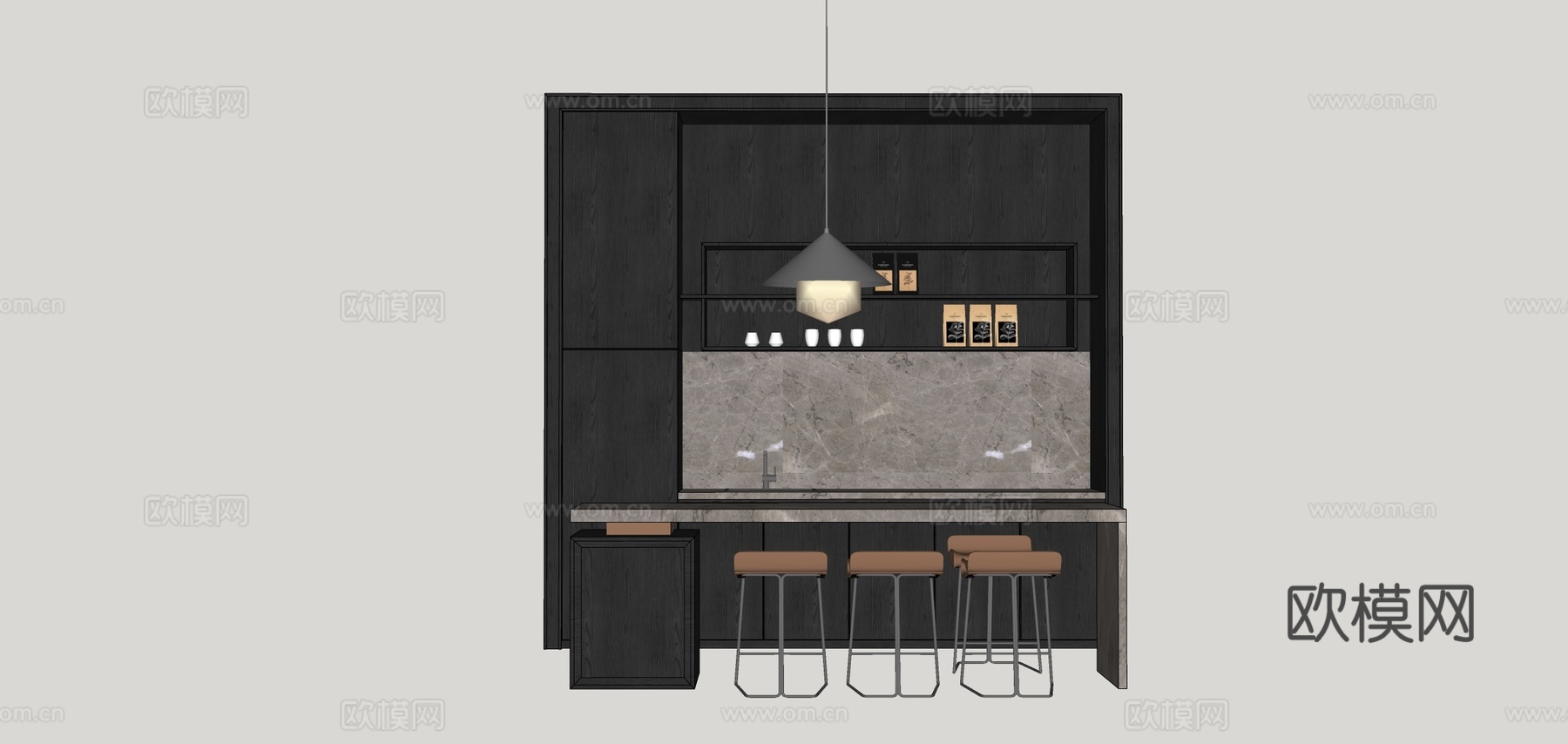 现代茶水间柜子 吧台 吊柜橱柜su模型下载（渲染图2）