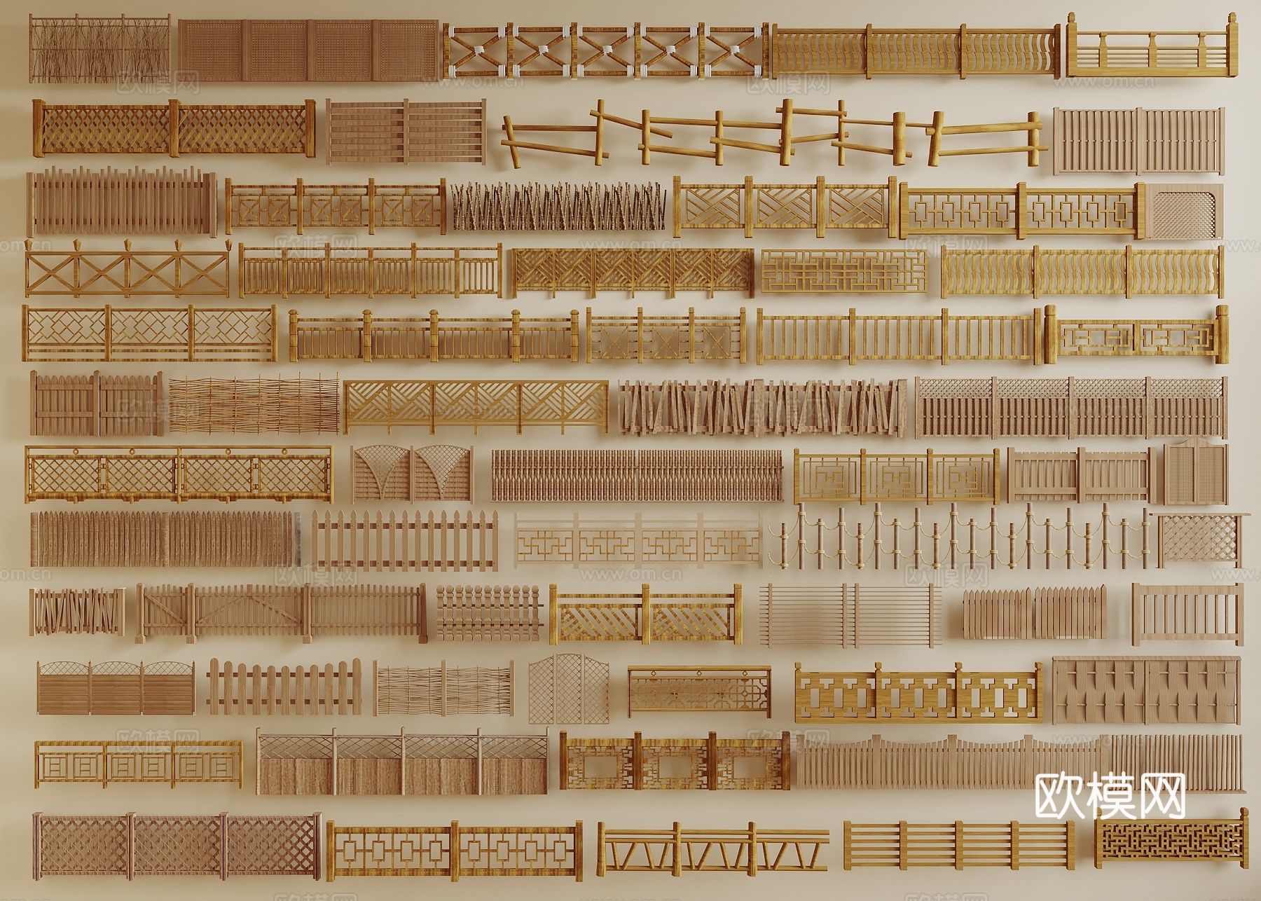 新中式围栏护栏 木栏杆 栅栏 竹篱笆 护栏3d模型