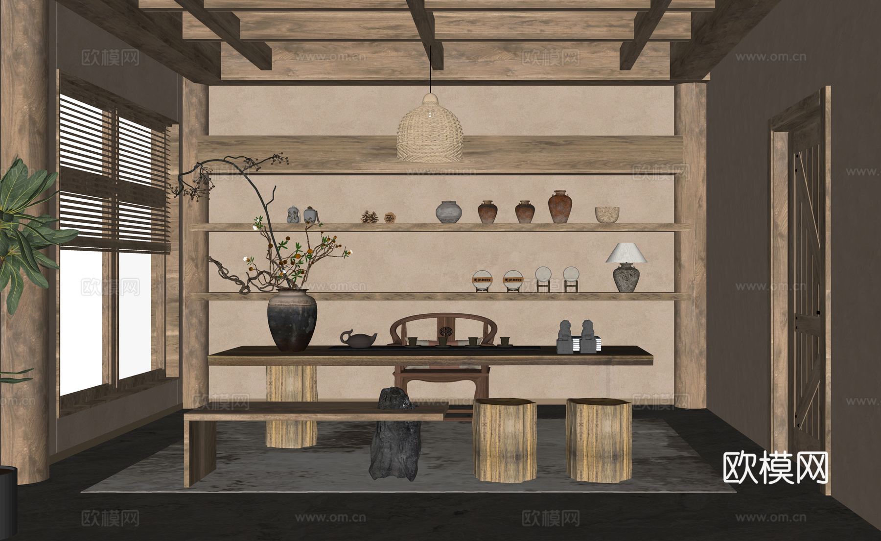 侘寂风茶室 茶桌椅 凳子 陶罐摆件su模型