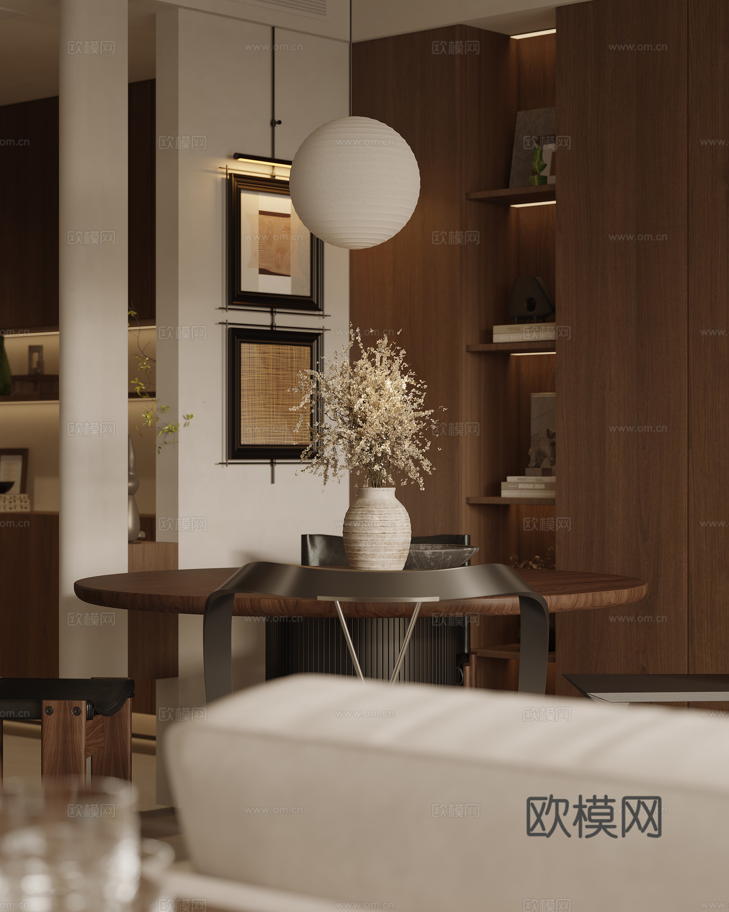 现代奶油风客餐厅3d模型下载（渲染图3）