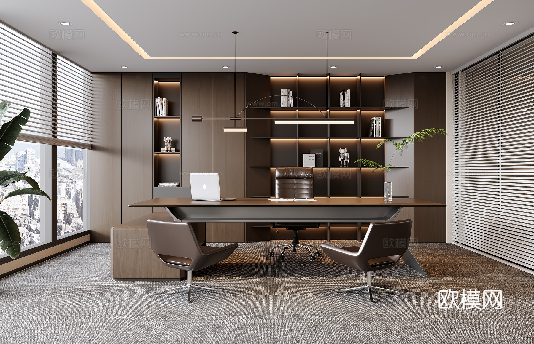 现代意式经理办公室 意式办公桌椅 老板椅 吊灯 意式书柜su模型下载（渲染图1）