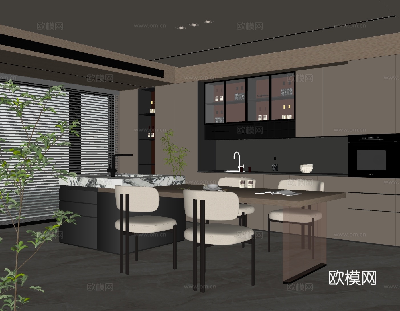 现代餐厅 岛台餐桌椅 酒柜 餐椅su模型下载（渲染图2）