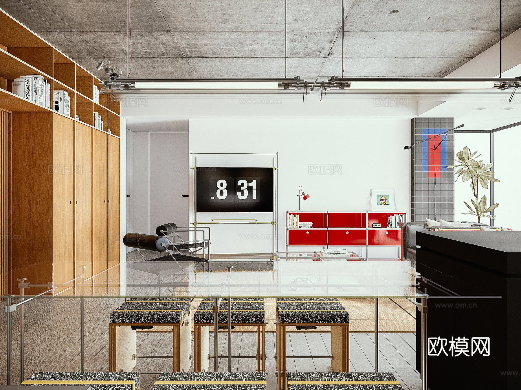 现代包豪斯客餐厅 中古风客餐厅 铝型材十字光轴家具组合su模型