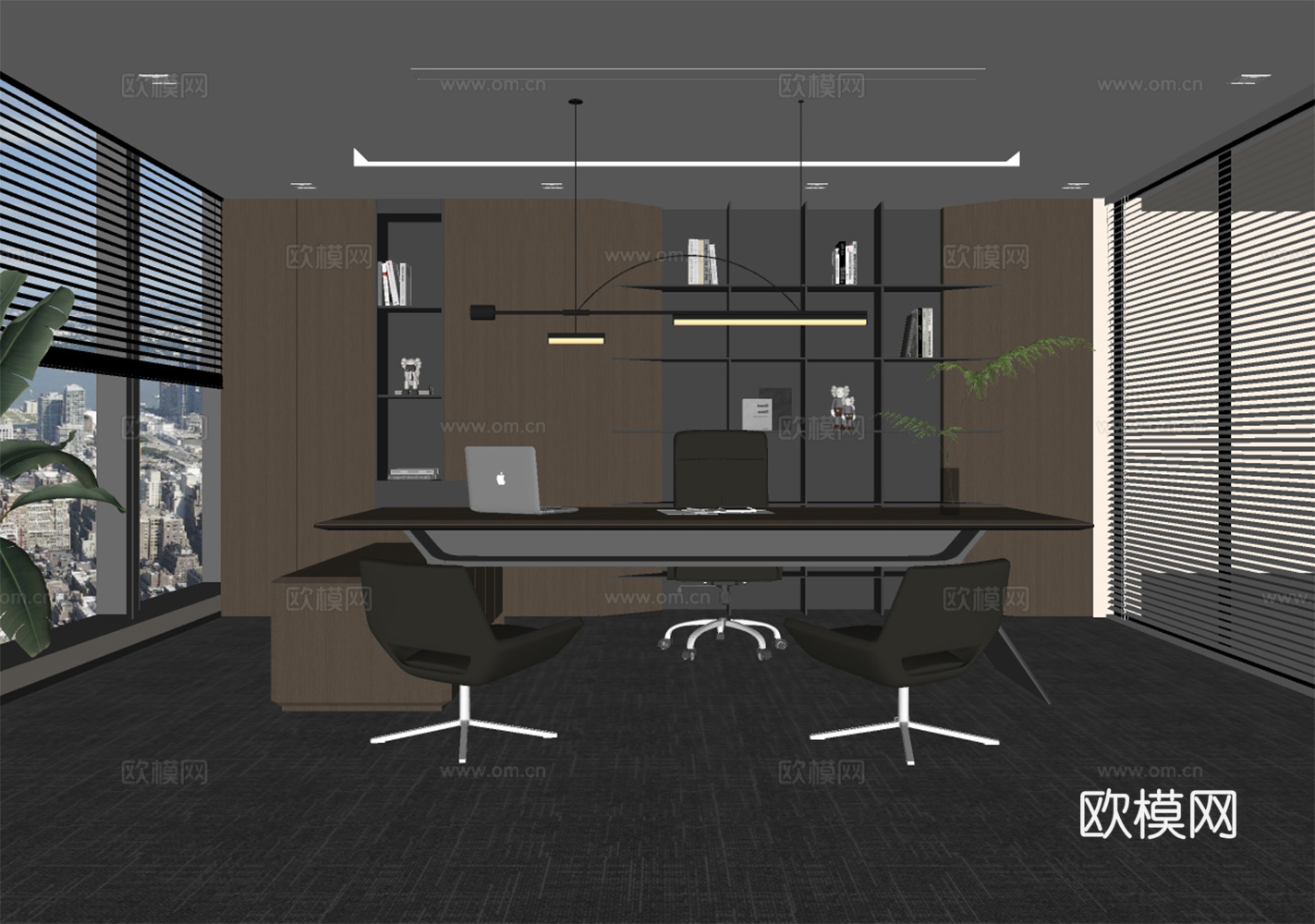 现代意式经理办公室 意式办公桌椅 老板椅 吊灯 意式书柜su模型下载（渲染图2）