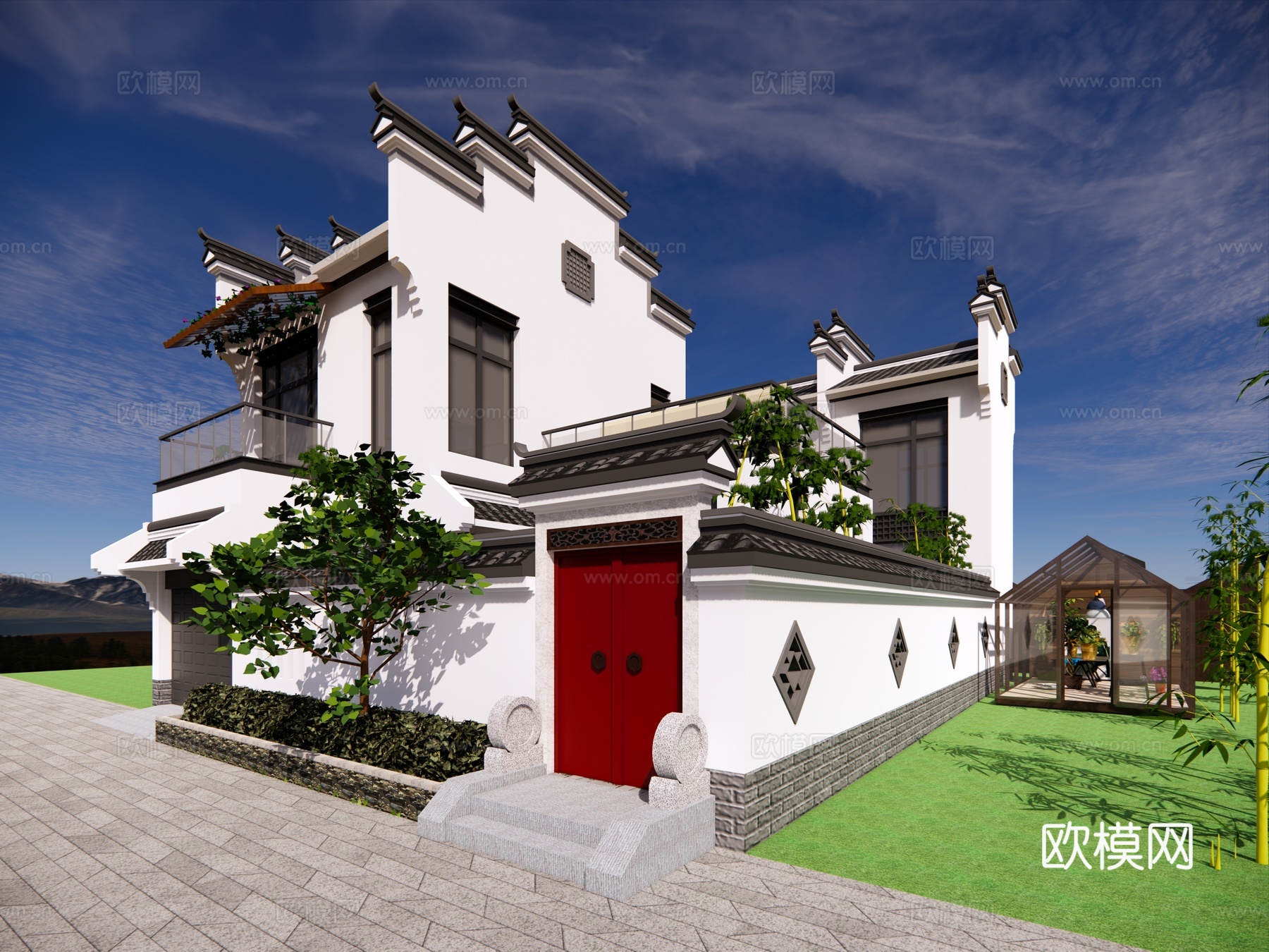 徽派建筑 中式别墅 院落su模型