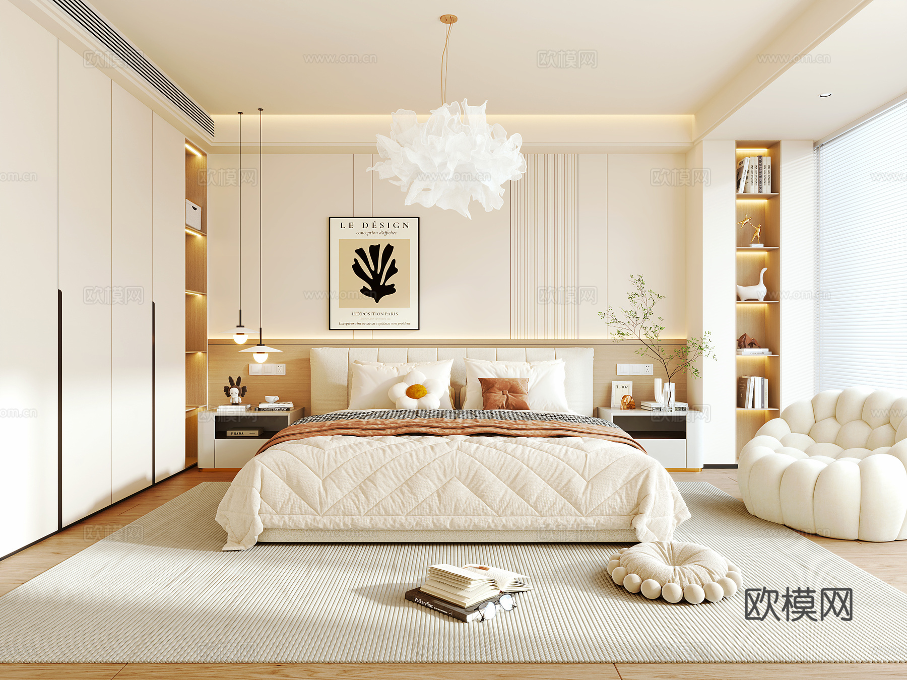 现代奶油主卧 奶油风布艺双人床 床头柜 衣柜 云朵吊灯su模型