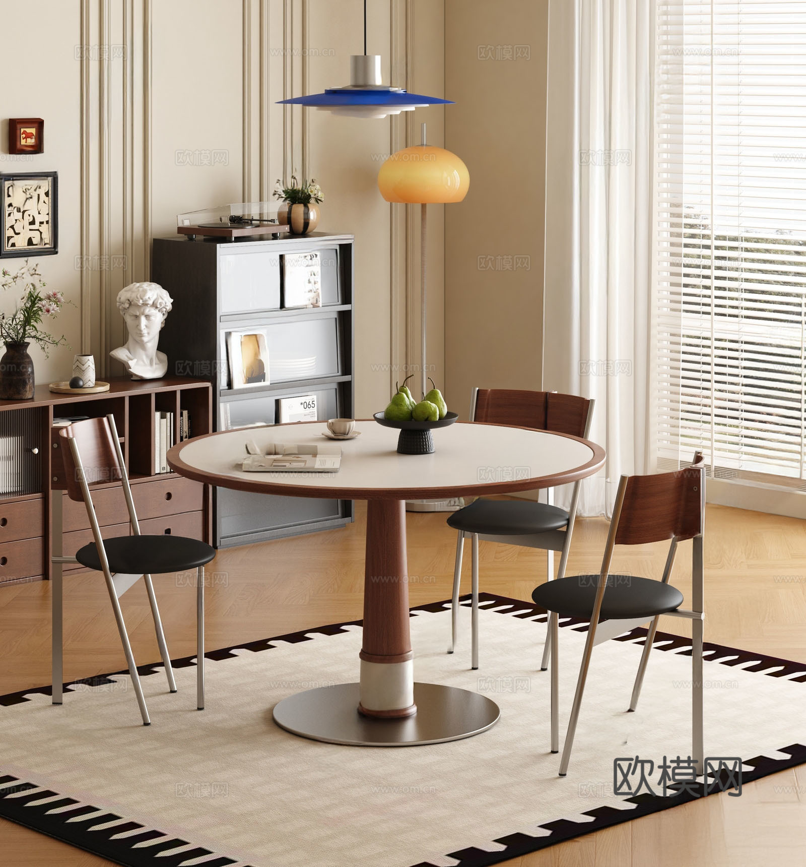 中古风餐桌椅su模型下载（渲染图1）