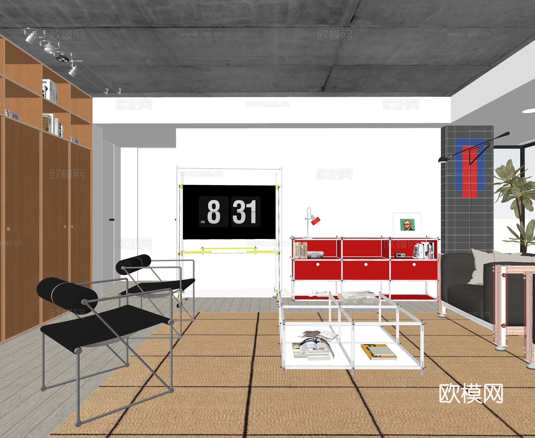 现代包豪斯客餐厅 中古风客餐厅 铝型材十字光轴家具组合su模型