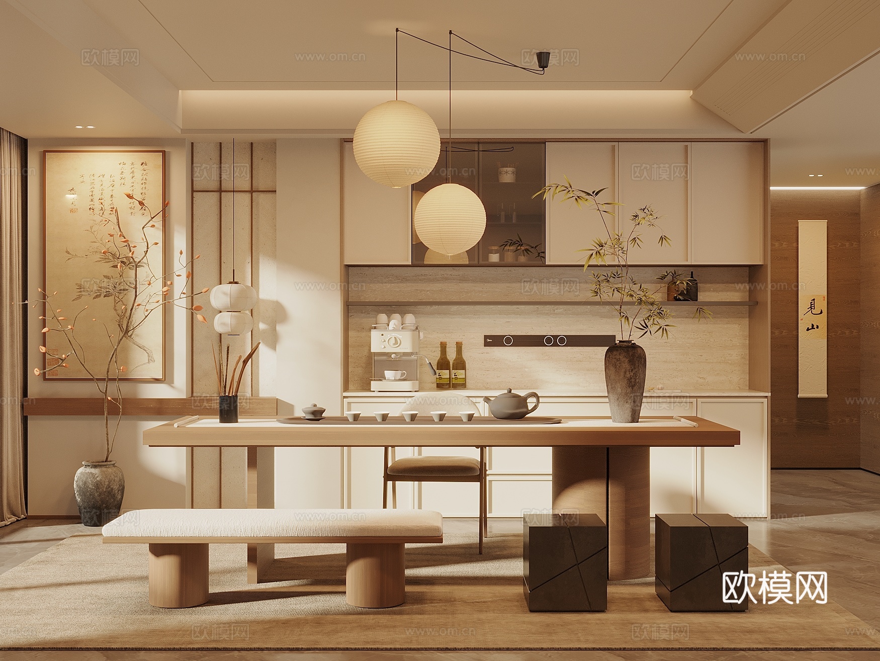 宋氏新中风茶室 茶柜餐边柜 茶桌椅组合 艺术吊灯 挂画3d模型