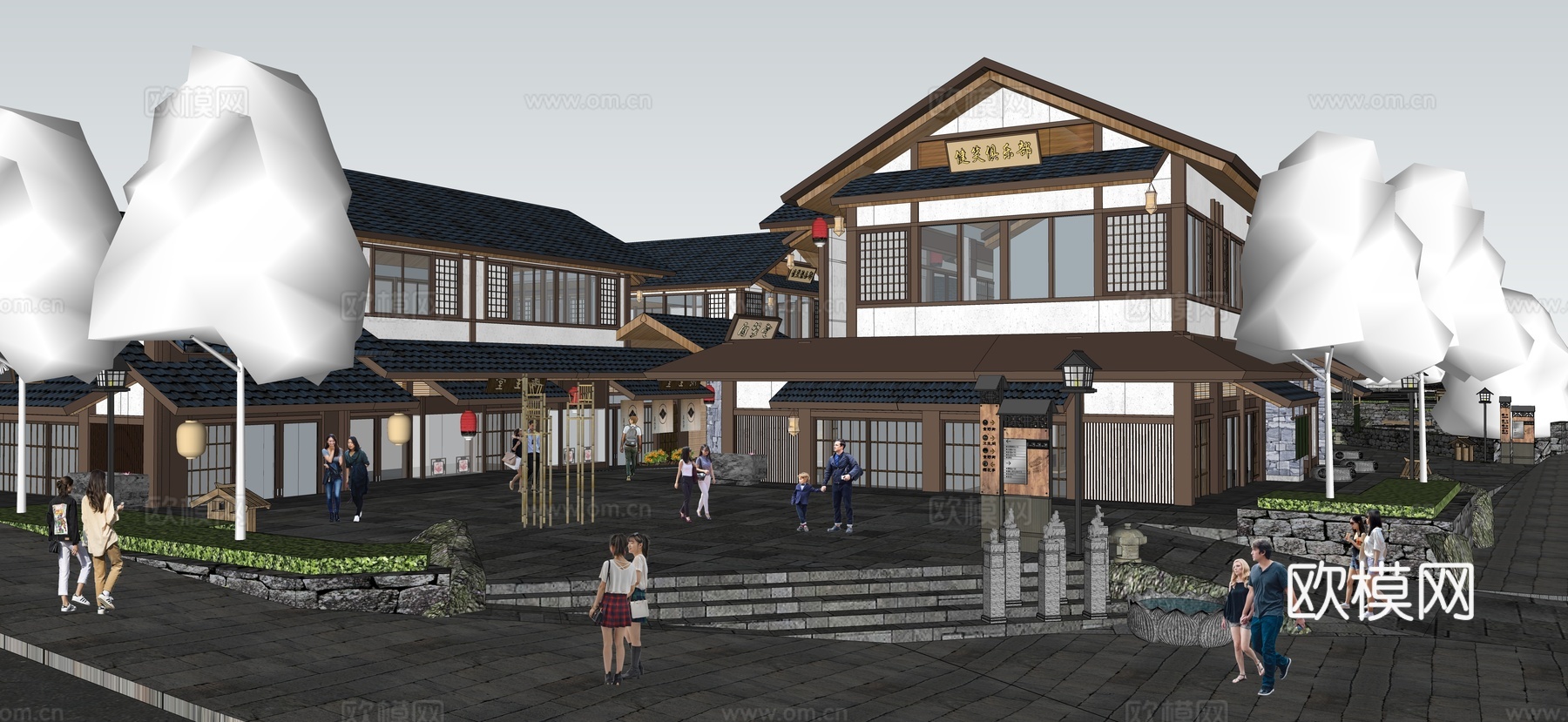 中式拱桥 景观桥 小桥 亭子凉亭 小船 乌篷船 中式商业街入su模型下载（渲染图2）