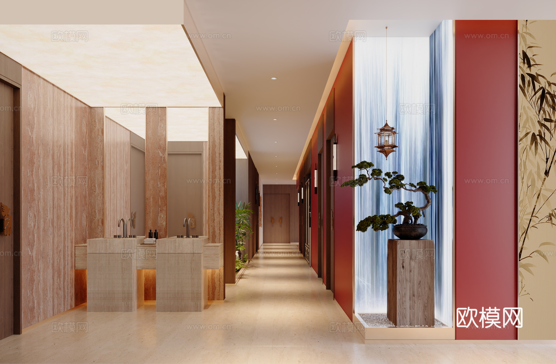 新中式餐饮过道洗手台su模型下载（渲染图1）