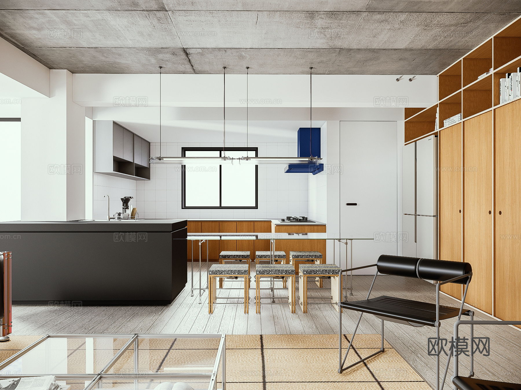 现代包豪斯客餐厅 中古风客餐厅 铝型材十字光轴家具组合su模型