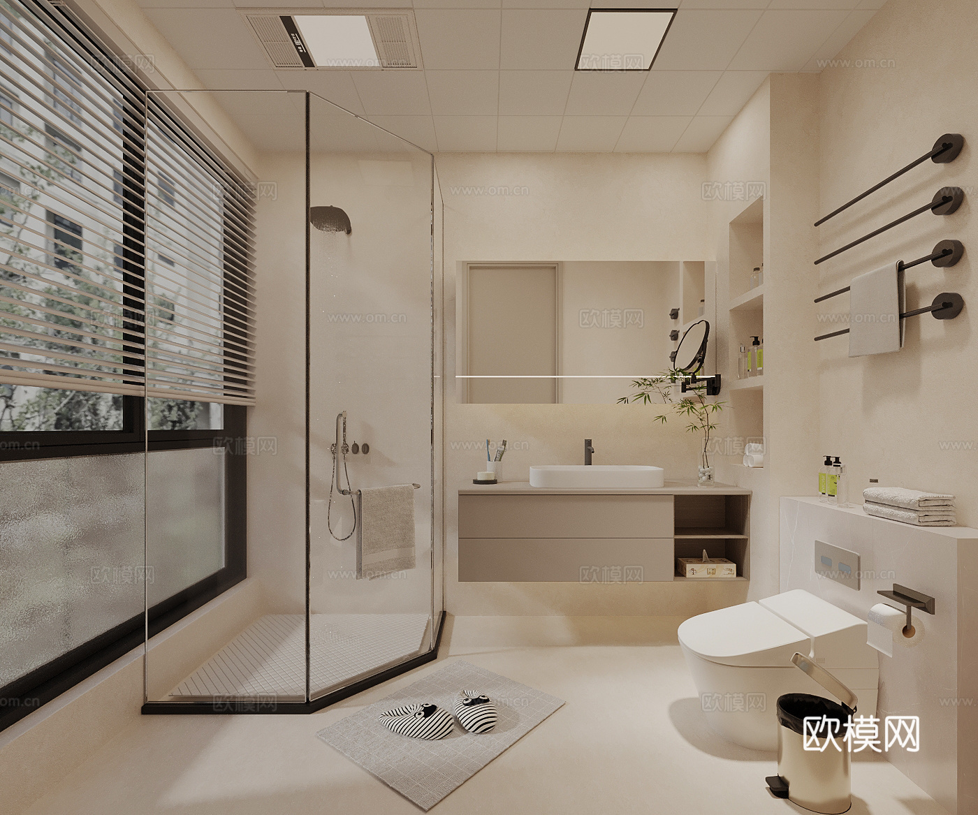 现代奶油风卫生间 淋浴间 淋浴花洒 马桶 浴室柜 卫浴用品3d模型