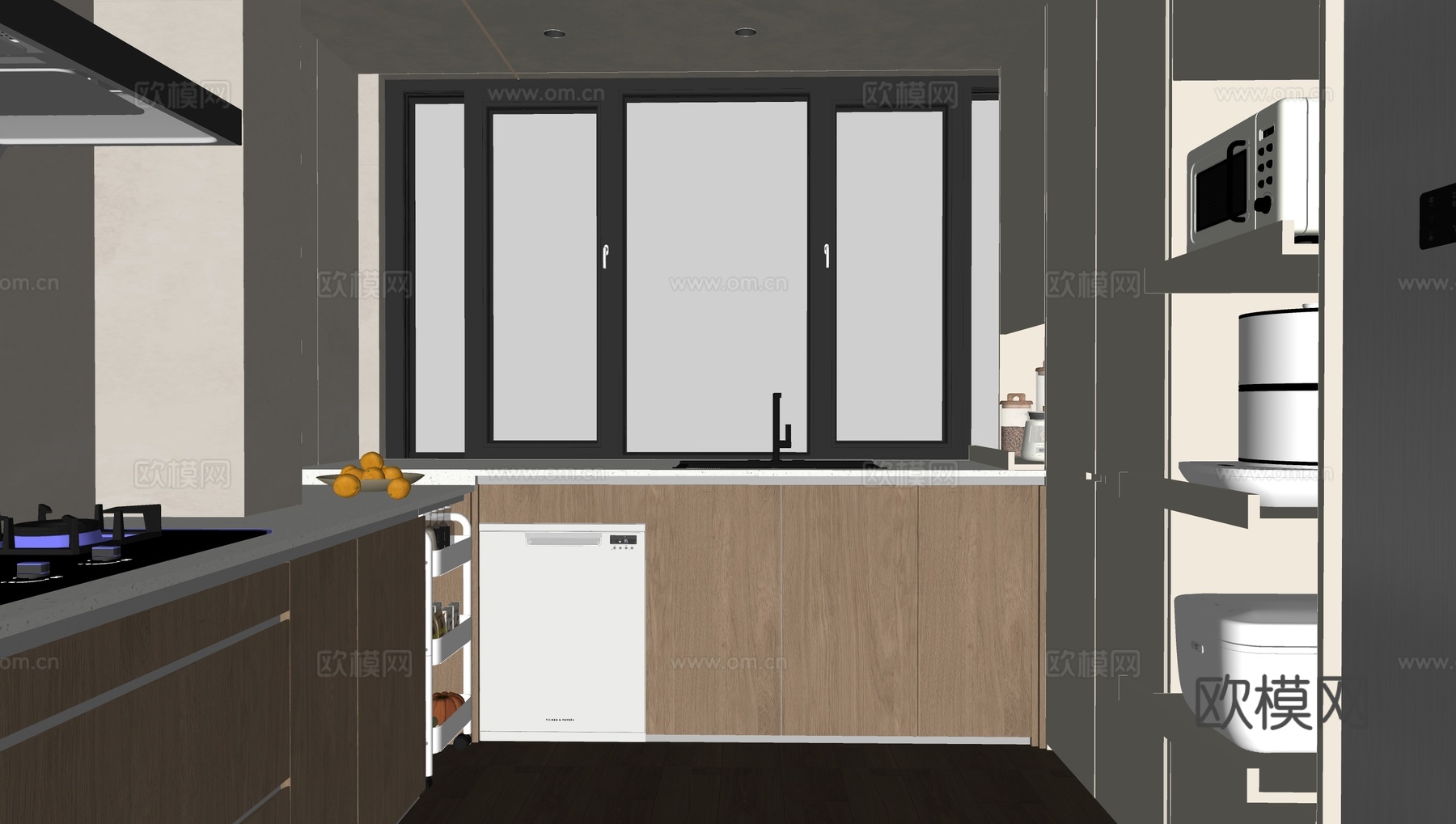 现代奶油风厨房 油烟机 灶台su模型