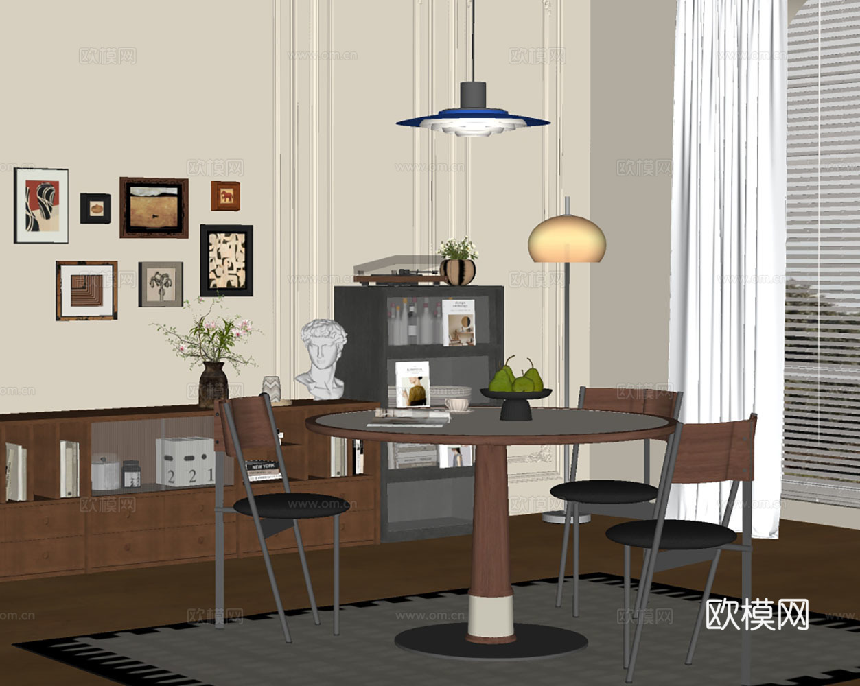 中古风餐桌椅su模型下载（渲染图2）