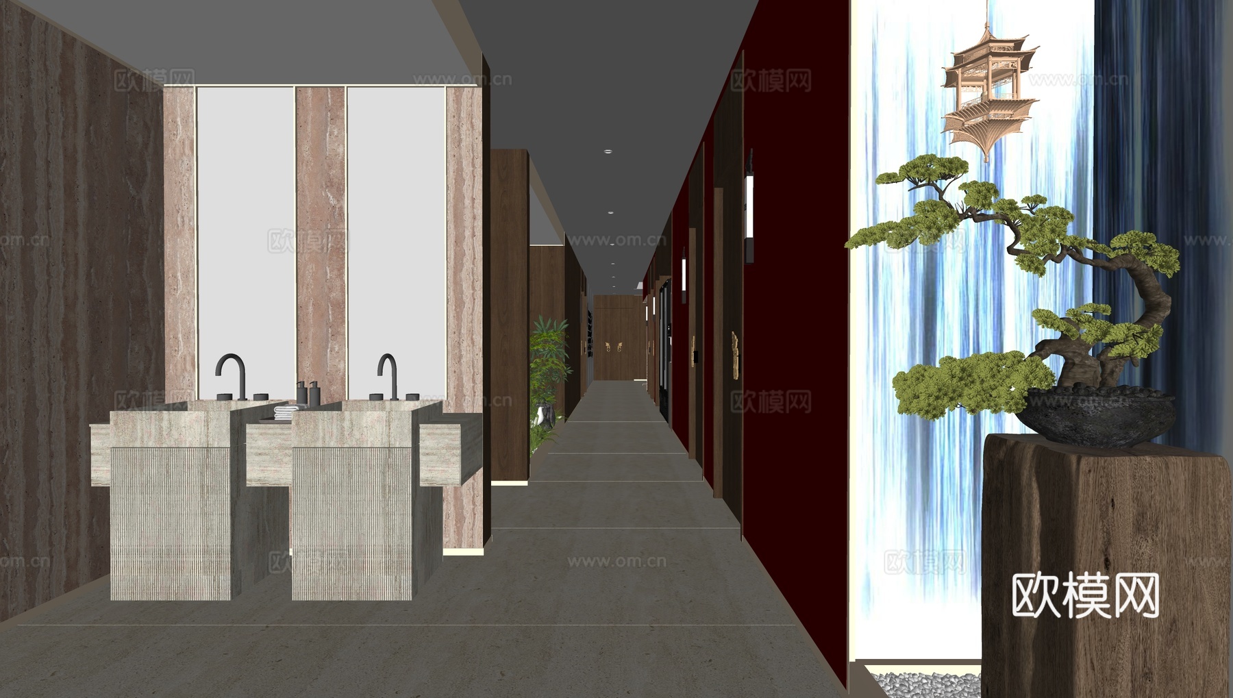 新中式餐饮过道洗手台su模型下载（渲染图2）