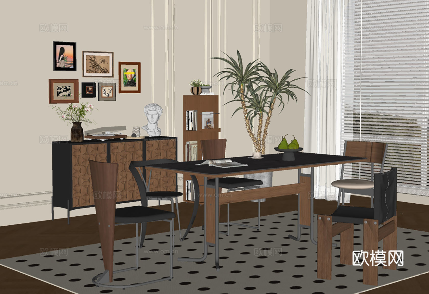 中古风餐桌椅su模型