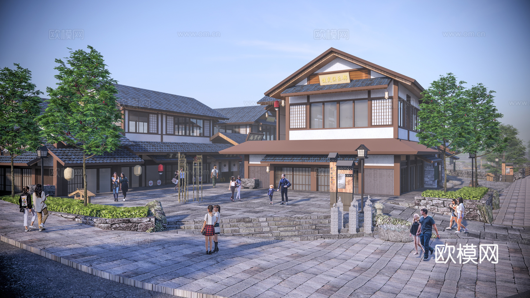 中式拱桥 景观桥 小桥 亭子凉亭 小船 乌篷船 中式商业街入su模型下载（渲染图1）