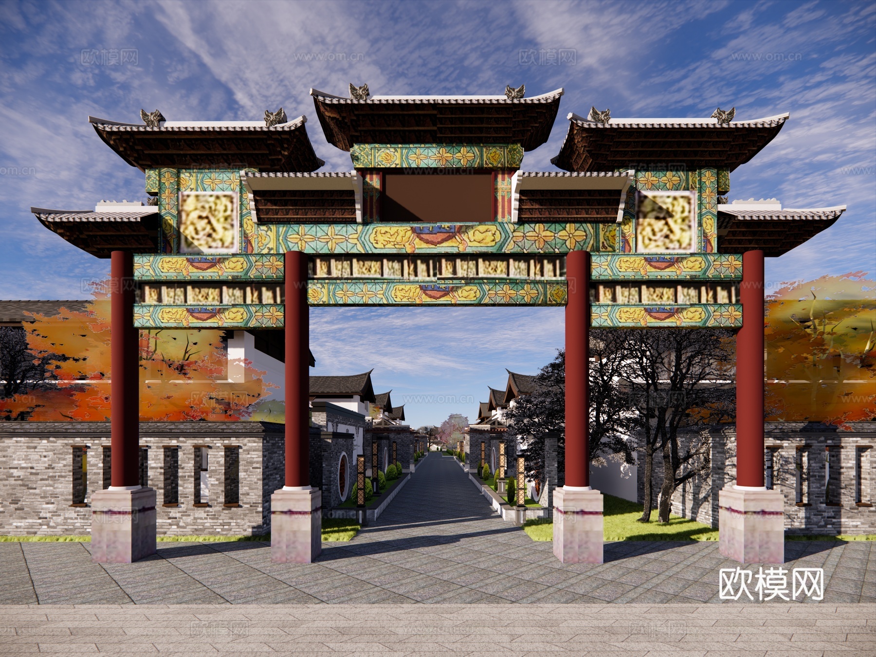 古建景区入口 仿古景区建筑su模型下载（渲染图1）